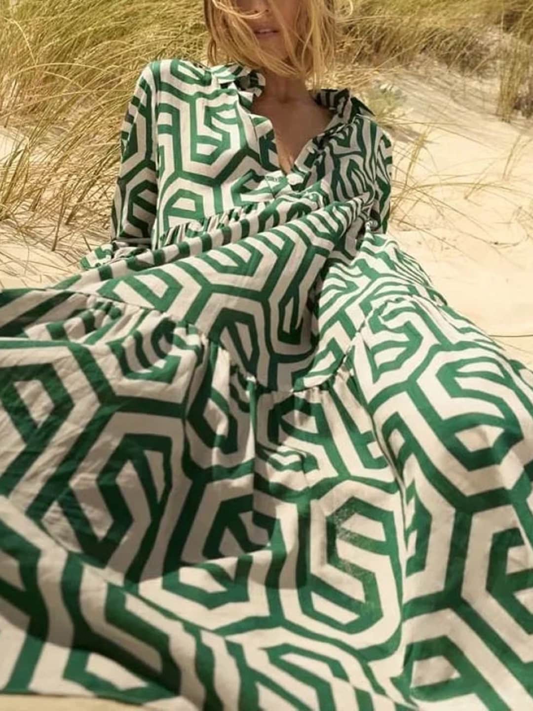 

Stylecast X KPOP Geometric Printed Shirt Collar Cuffed Sleeves Gathered A-Line Midi Dress, Green