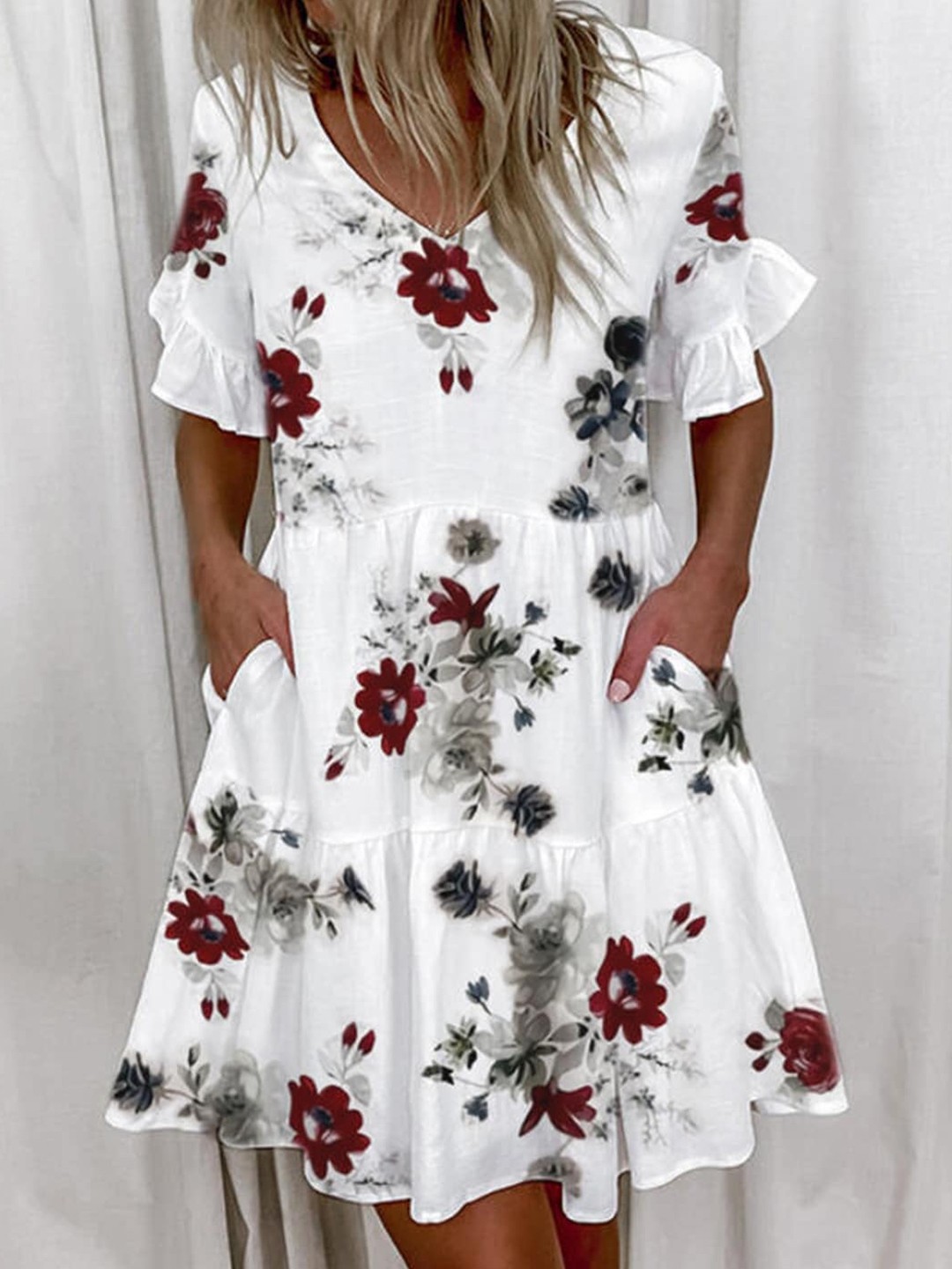 

Stylecast X KPOP Floral Printed V-Neck Flared Sleeves Party Tiered A-Line Dress, White