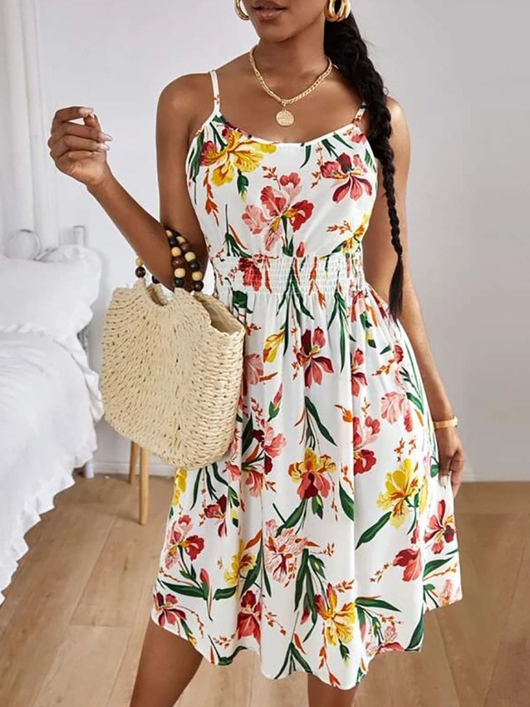 

Stylecast X KPOP Floral Printed Shoulder Straps Fit & Flare Dress, White