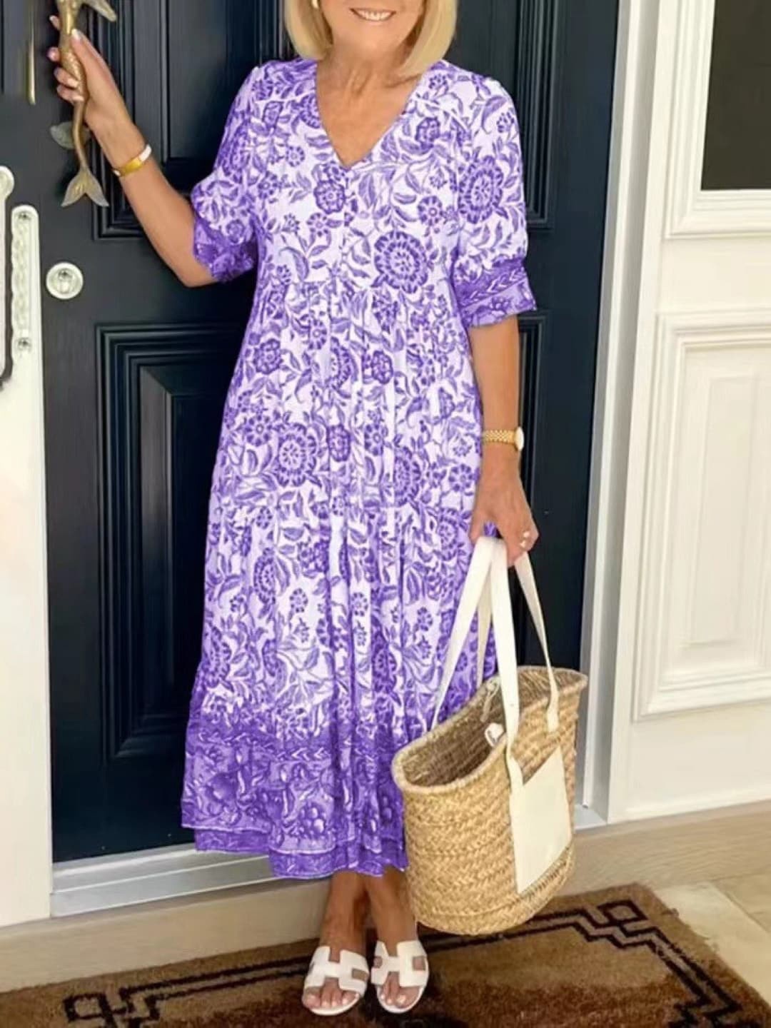 

Stylecast X KPOP Floral Printed V-Neck A-Line Maxi Dress, Purple