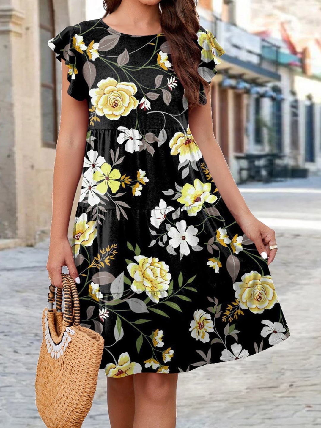 

Stylecast X KPOP Floral Printed Flutter Sleeves Fit & Flare Dress, Black