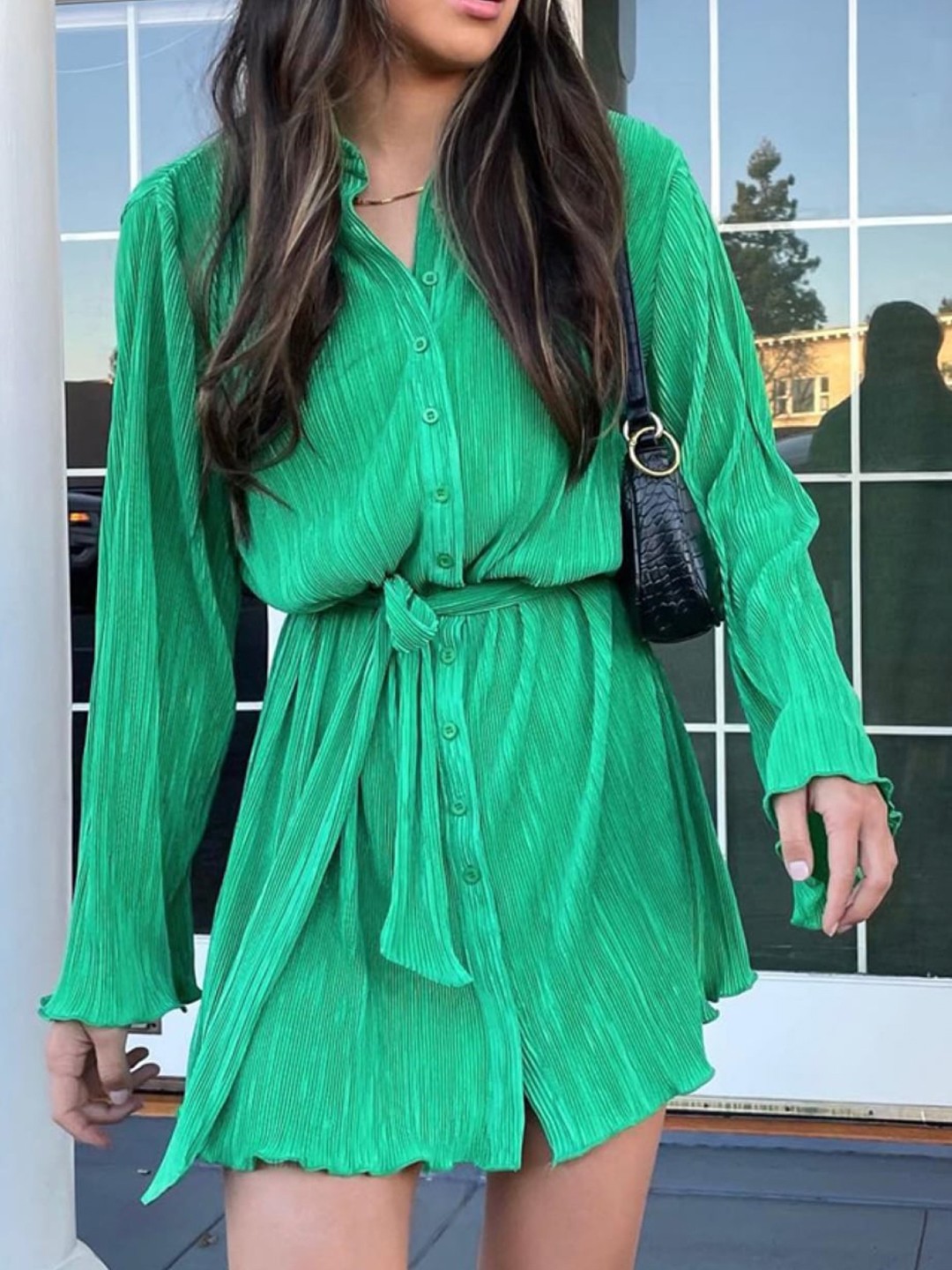 

Stylecast X KPOP Shirt Collar Long Flared Sleeves Striped Shirt Dress, Green