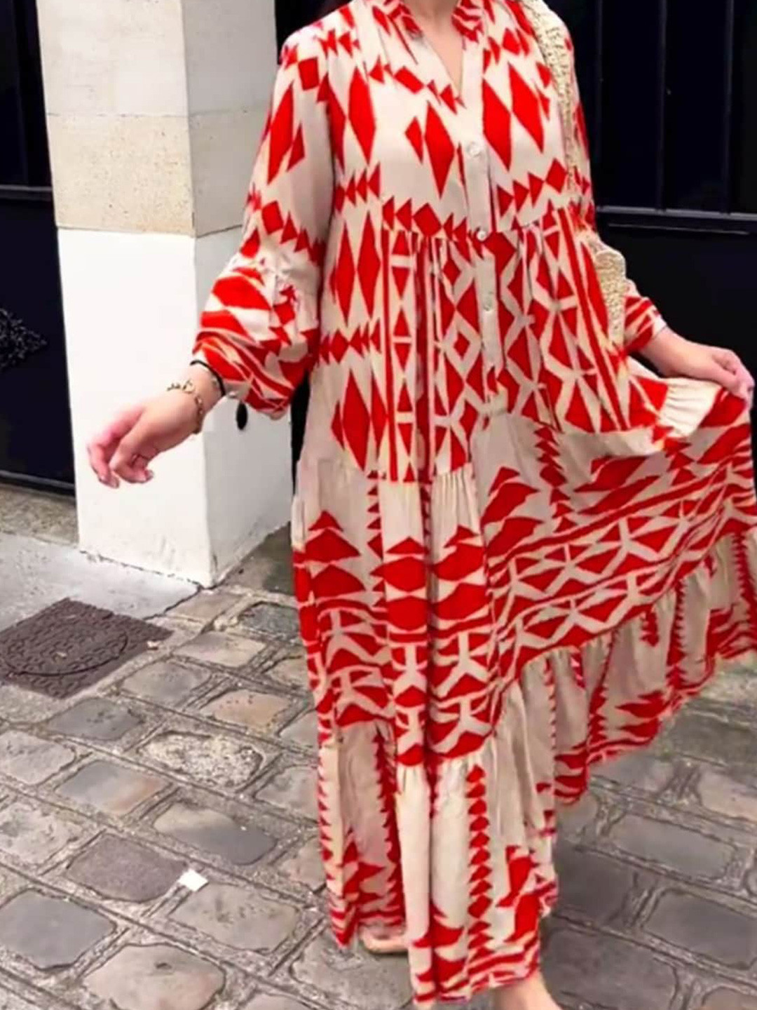 

Stylecast X KPOP Mandarin Collar Long Flared Sleeves Geometric Print Maxi Dress, Red