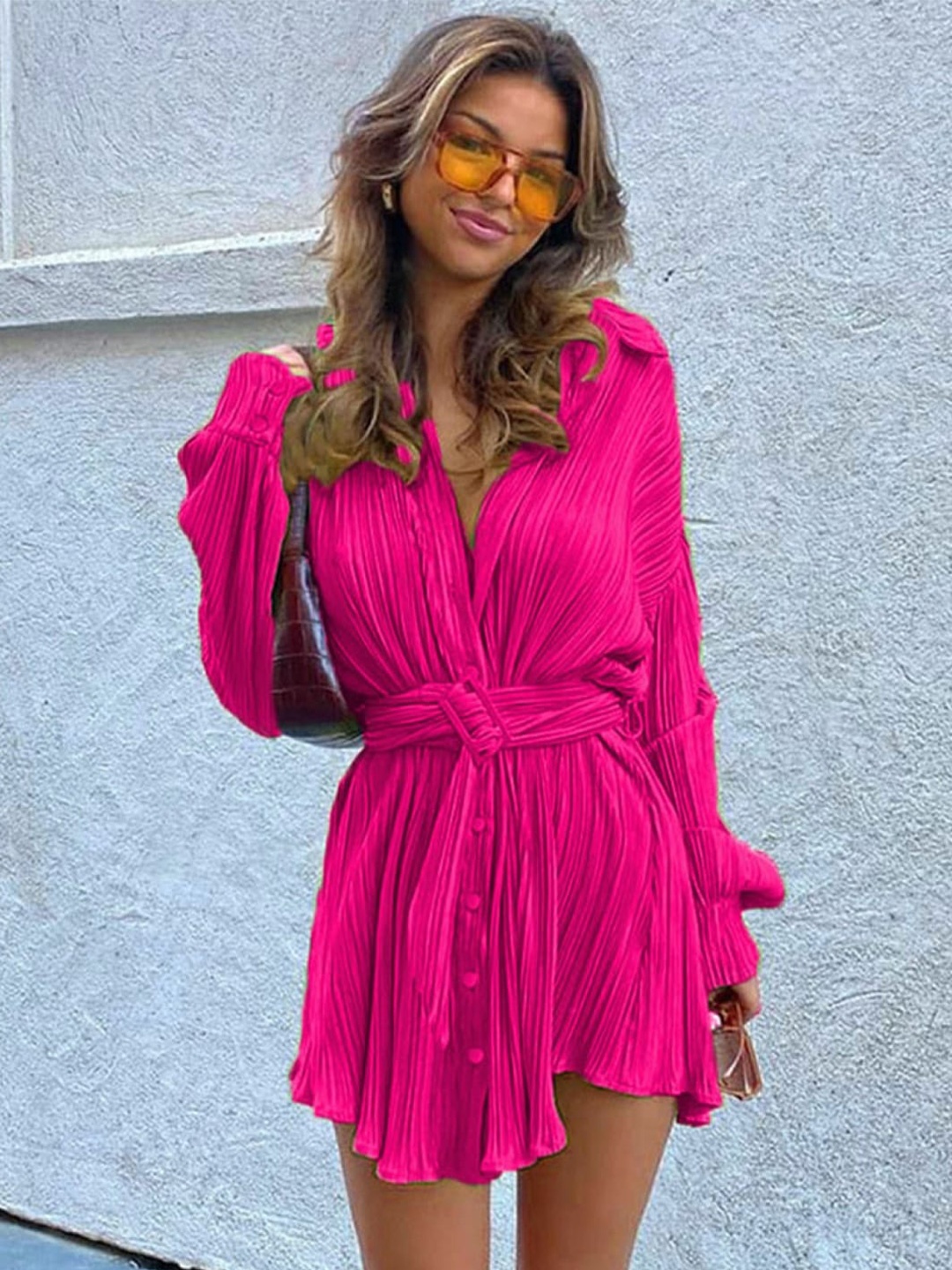 

Stylecast X KPOP Shirt Collar Long Cuffed Sleeves Striped Fit & Flare Mini Dress, Pink