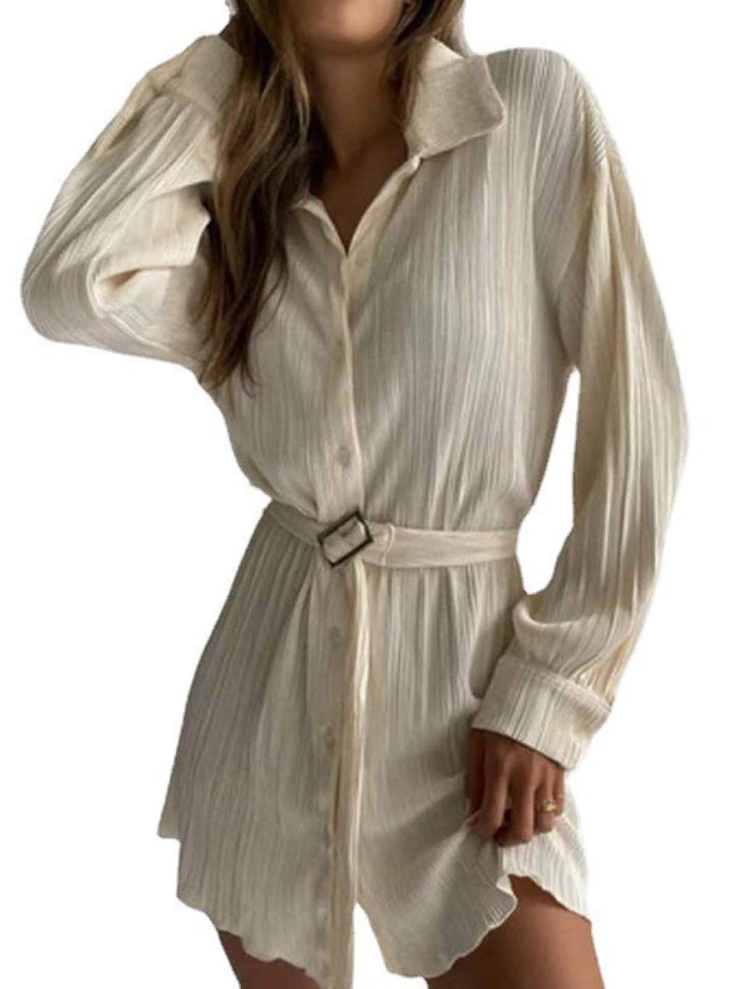 

Stylecast X KPOP Striped Shirt Collar Cuffed Sleeves Shirt Mini Dress, Off white