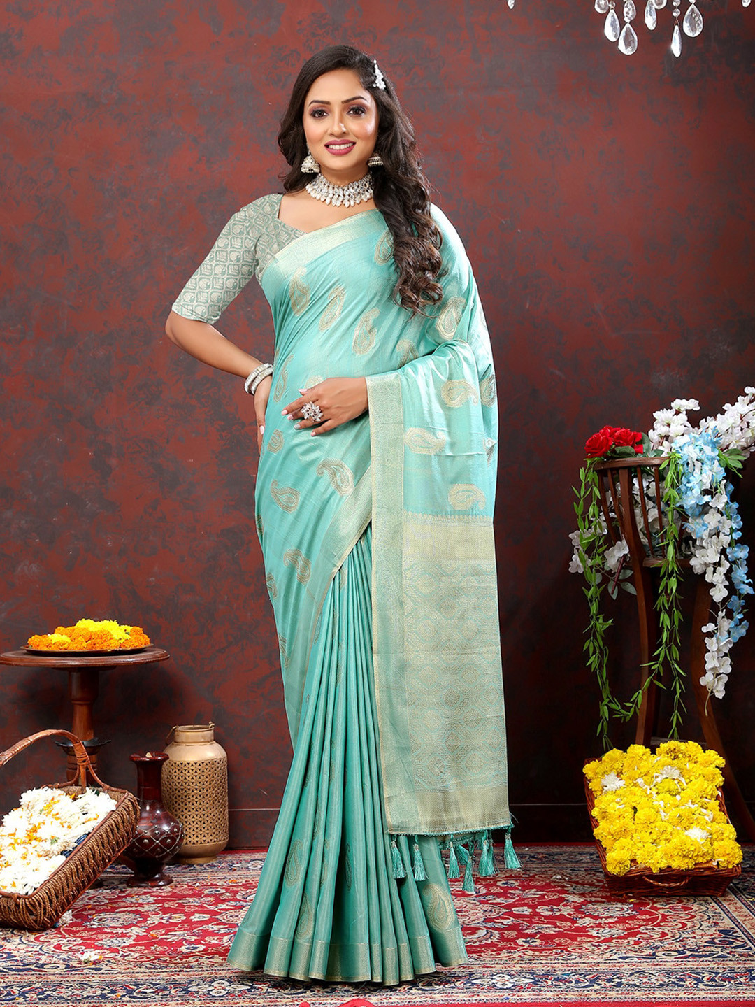 

JATRIQQ Paisley Woven Design Zari Banarasi Saree, Turquoise blue