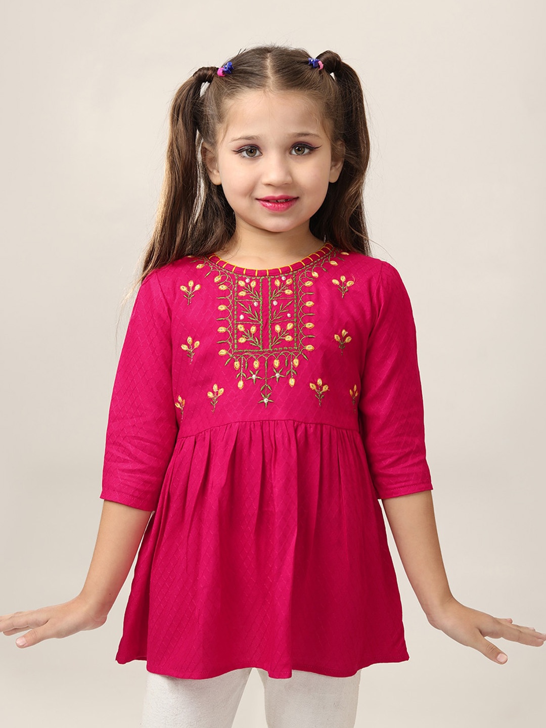 

BAESD Girls Embroidered Round Neck Regular Sleeves Longline Cinched Waist Top, Red