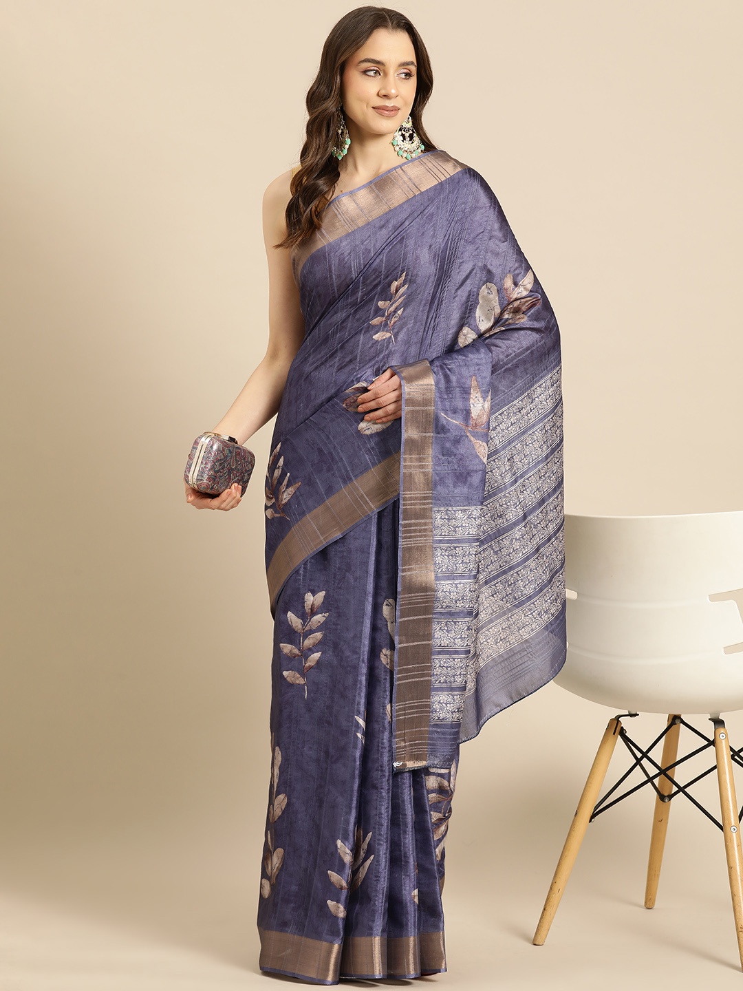 

Silk Land Floral Printed Zari Block Print Saree, Blue