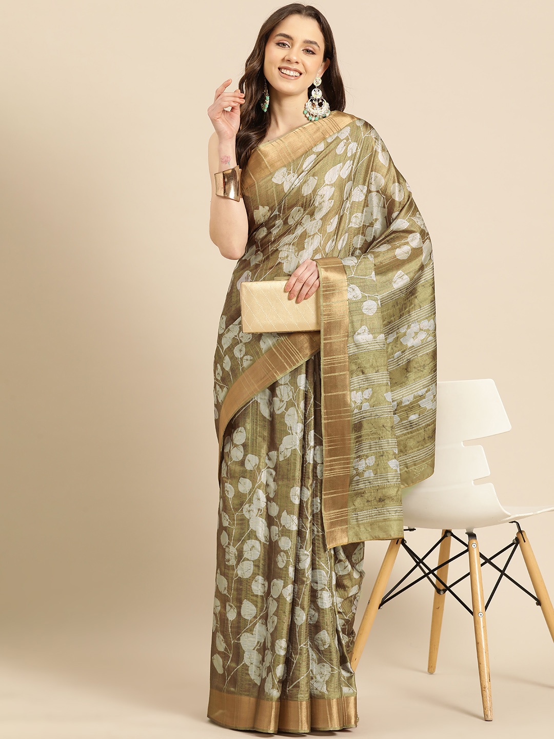 

Silk Land Floral Printed Zari Block Print Saree, Olive