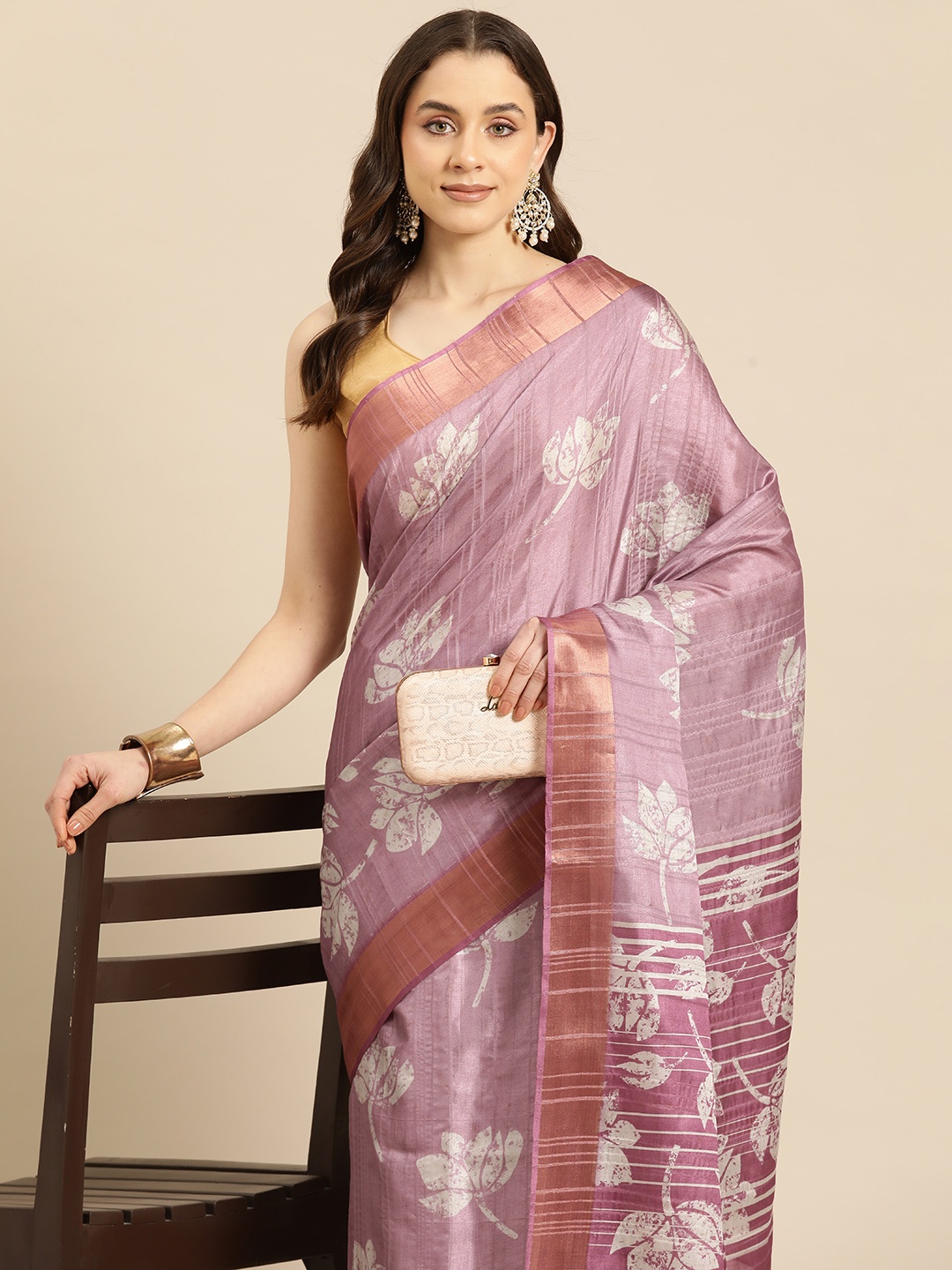 

Silk Land Floral Printed Zari Block Print Saree, Purple