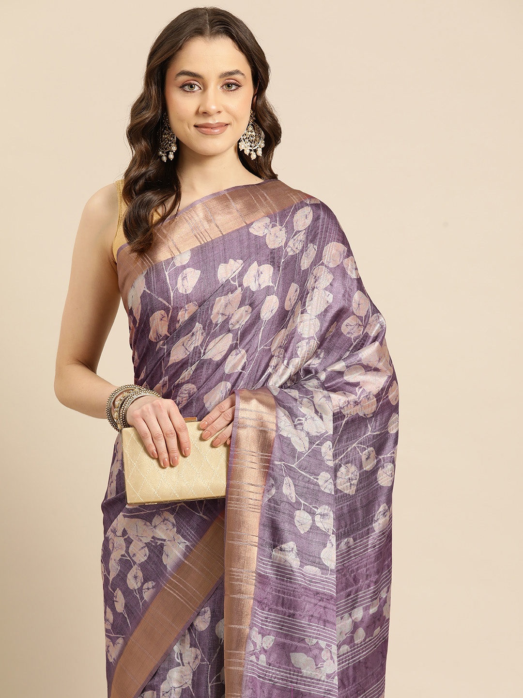 

Silk Land Floral Printed Zari Block Print Saree, Lavender