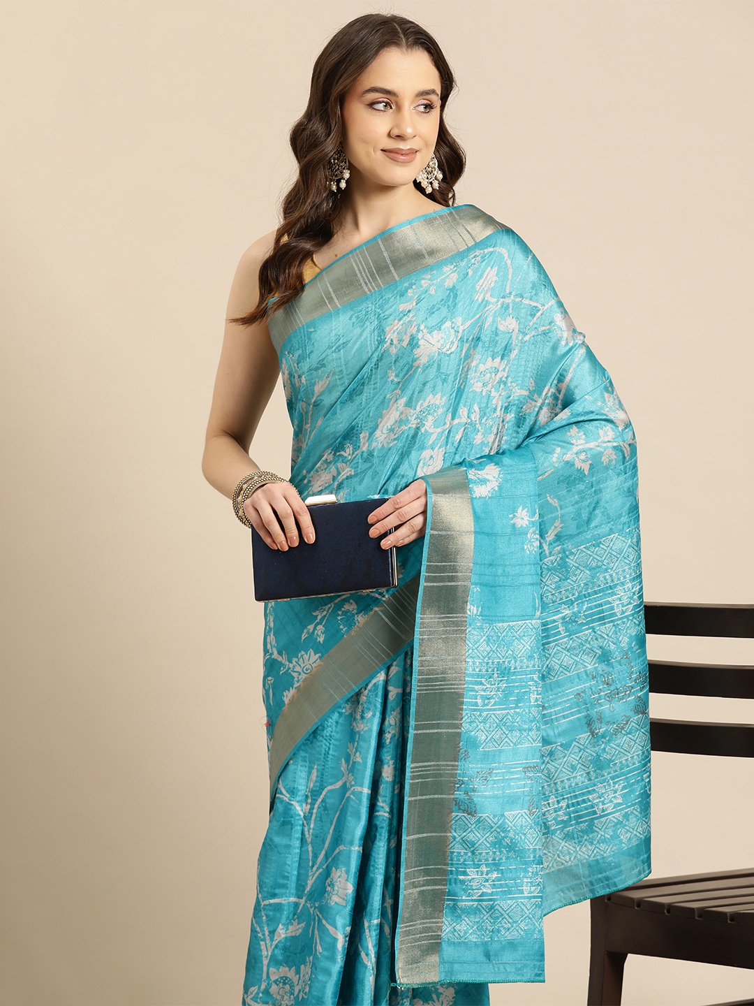 

Silk Land Floral Printed Zari Block Print Saree, Teal