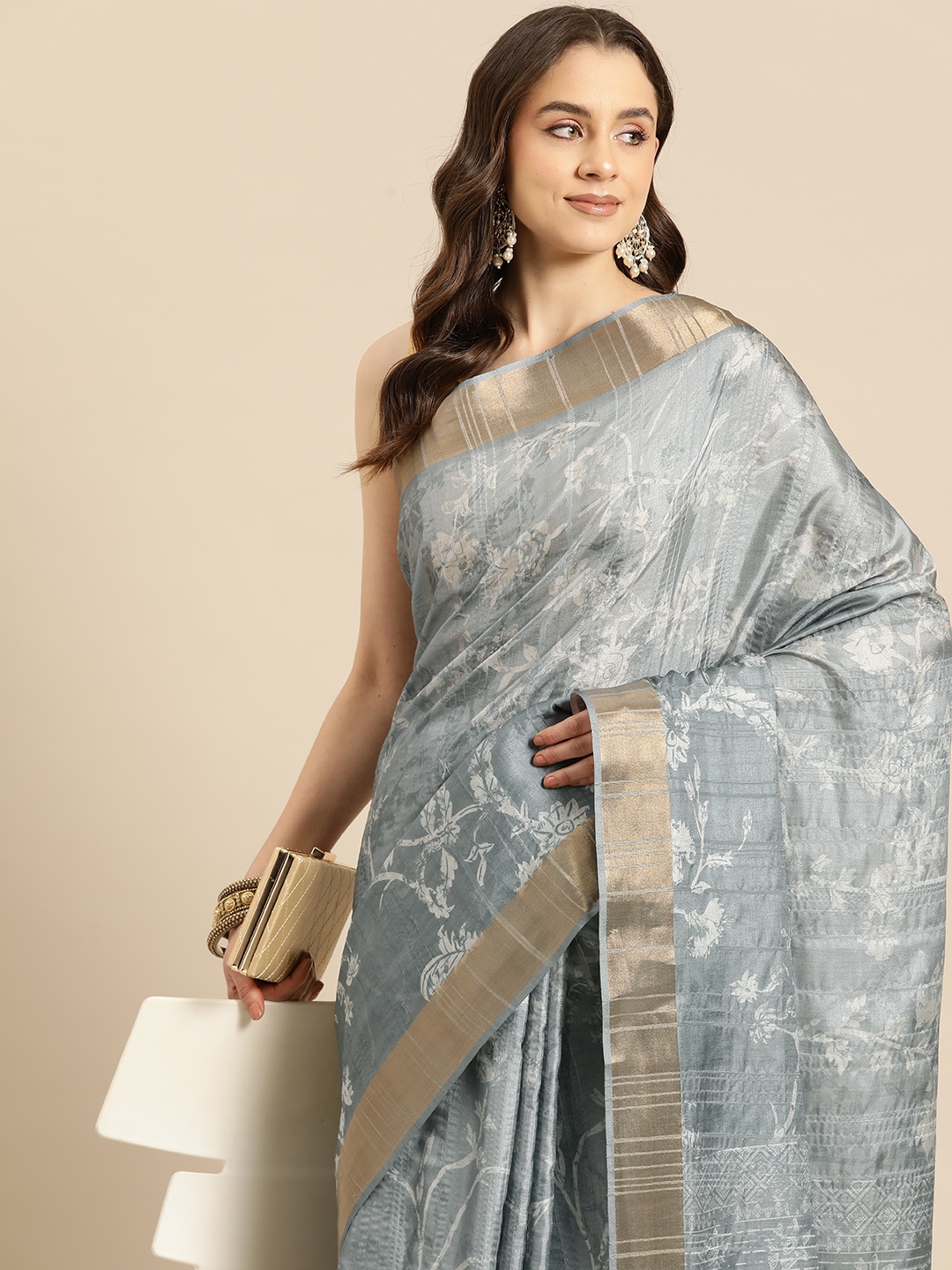 

Silk Land Floral Printed Zari Block Print Saree, Grey