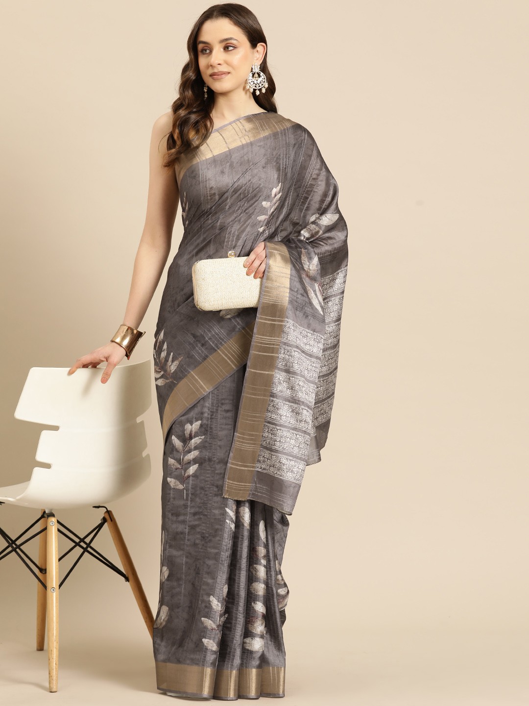 

Silk Land Floral Printed Zari Block Print Saree, Brown