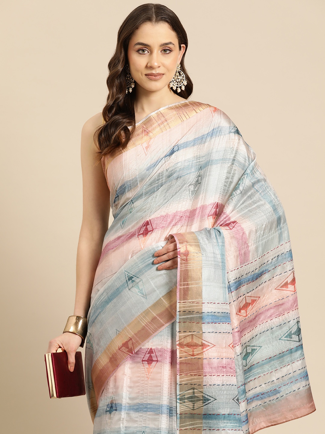 

Silk Land Geometric Printed Zari Block Print Saree, Multi