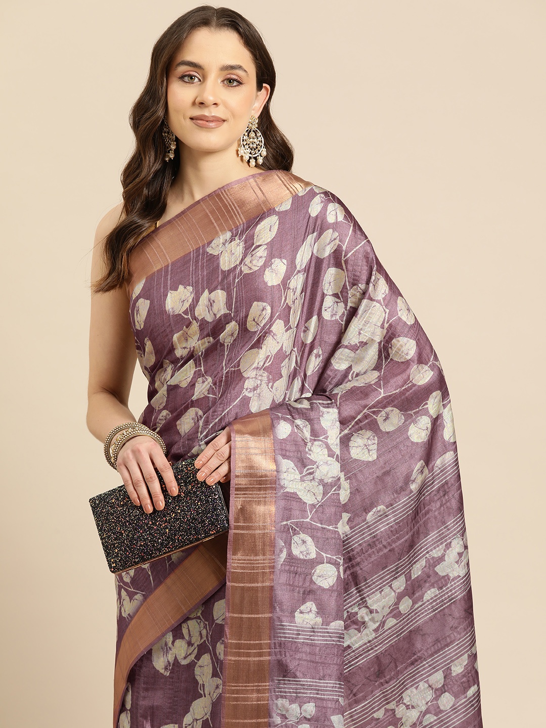 

Silk Land Floral Printed Zari Block Print Saree, Purple