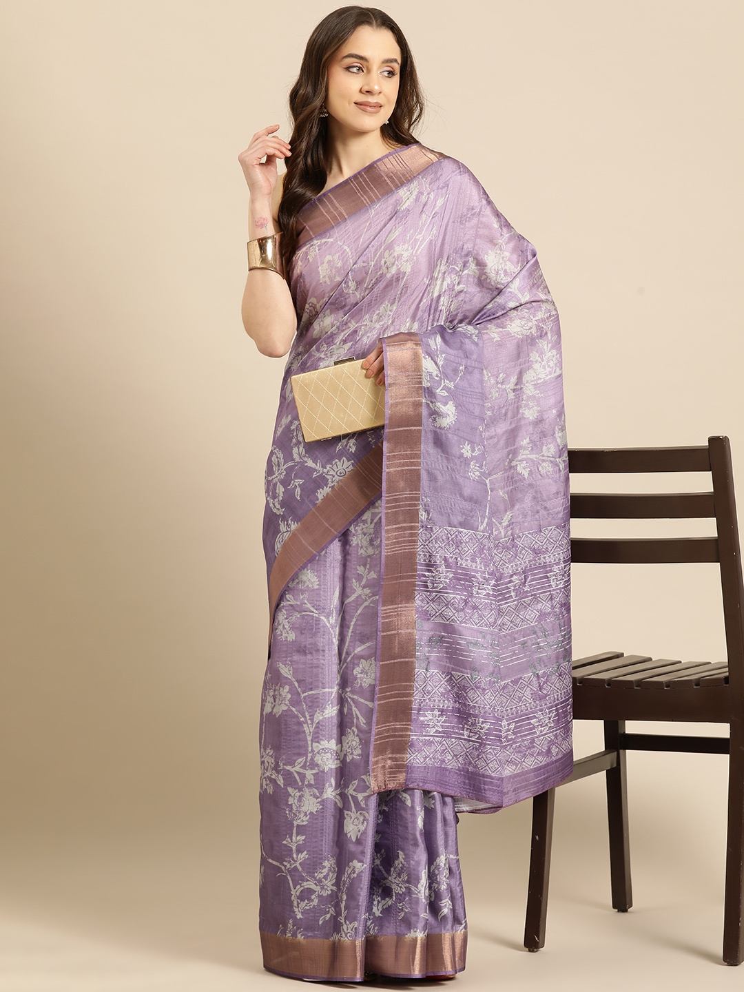 

Silk Land Floral Printed Zari Block Print Saree, Lavender