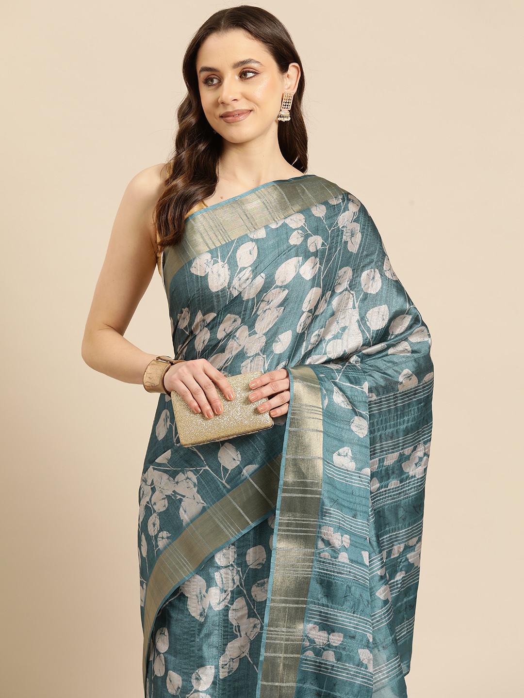 

Silk Land Floral Printed Zari Block Print Saree, Teal