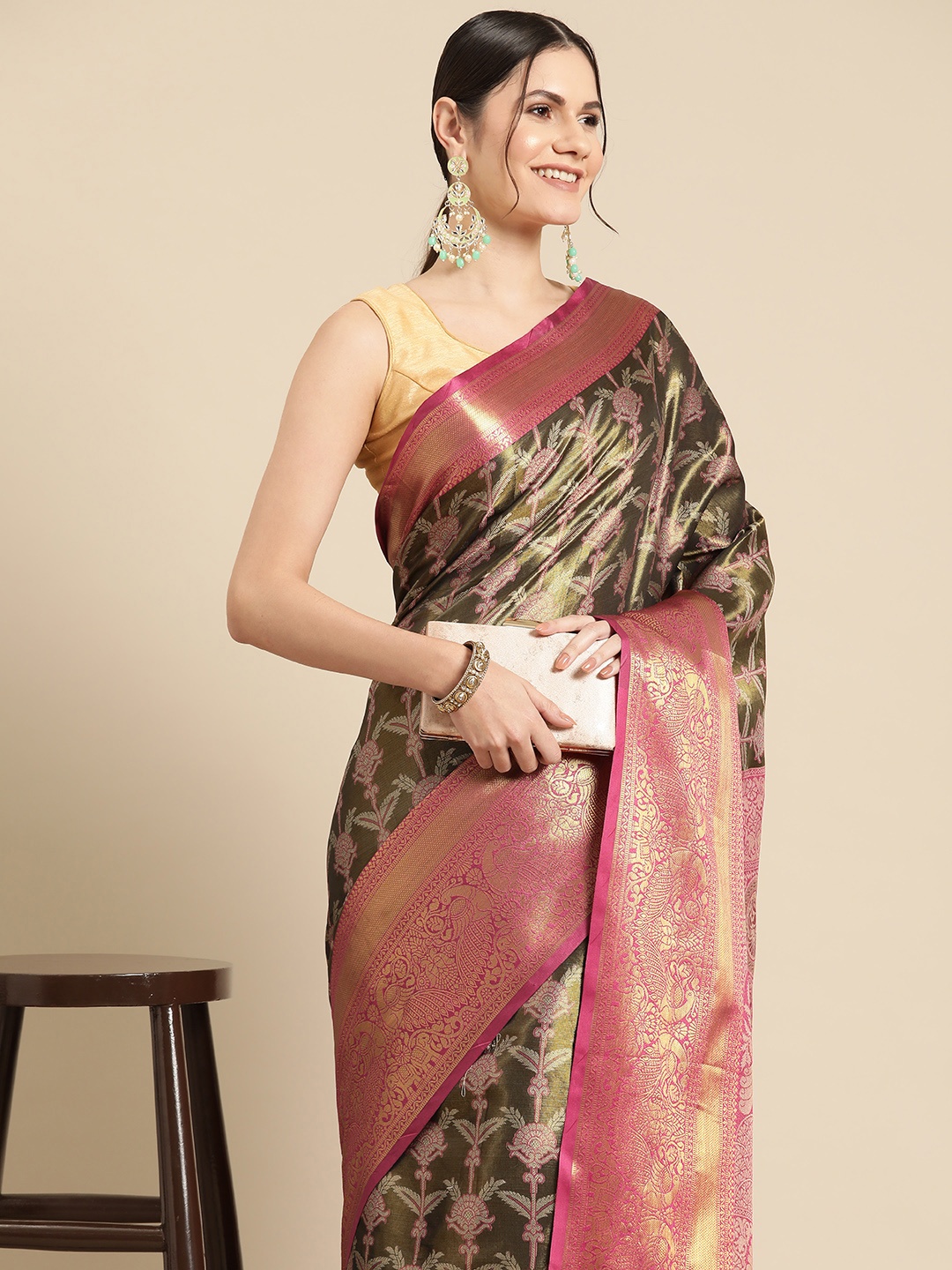 

Silk Land Ethnic Motifs Zari Brocade Banarasi Saree, Black