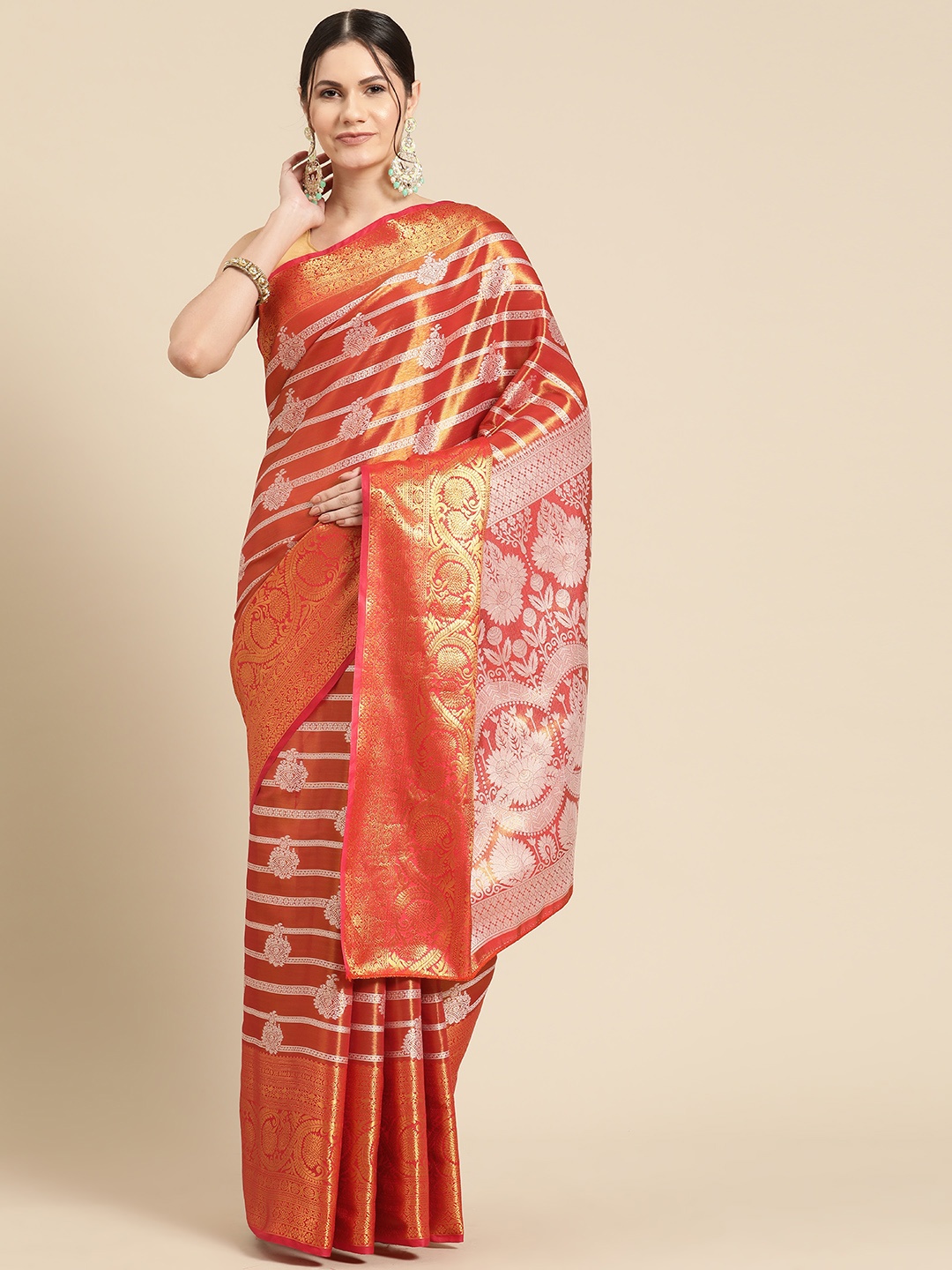 

Silk Land Striped Zari Brocade Banarasi Saree, Red