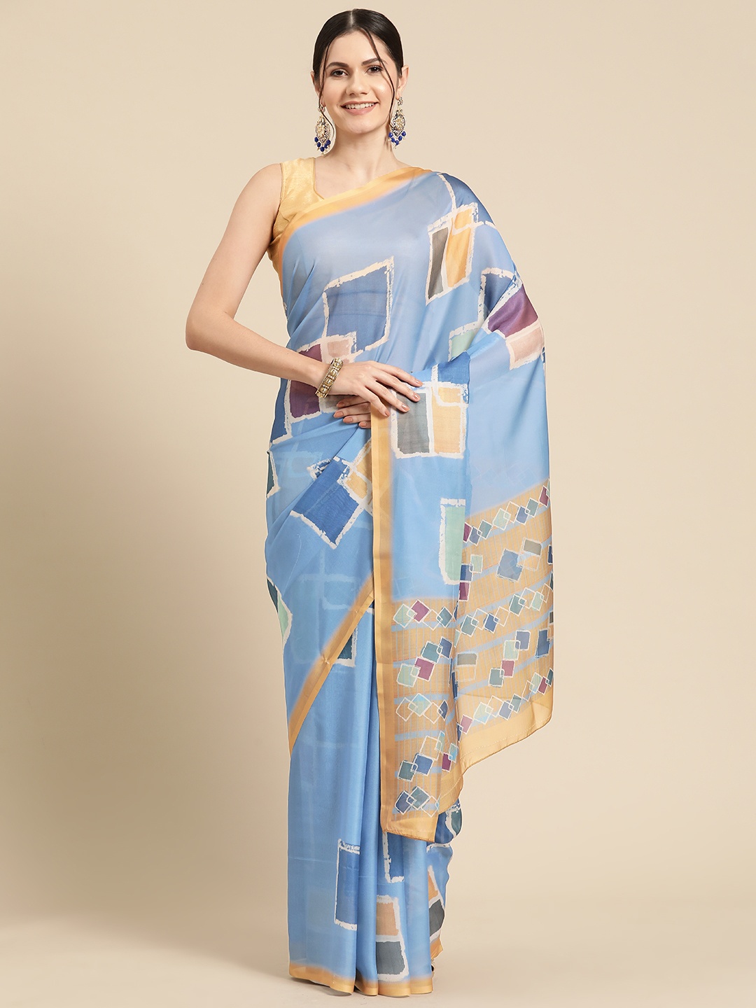 

Silk Land Geometric Print Saree, Blue