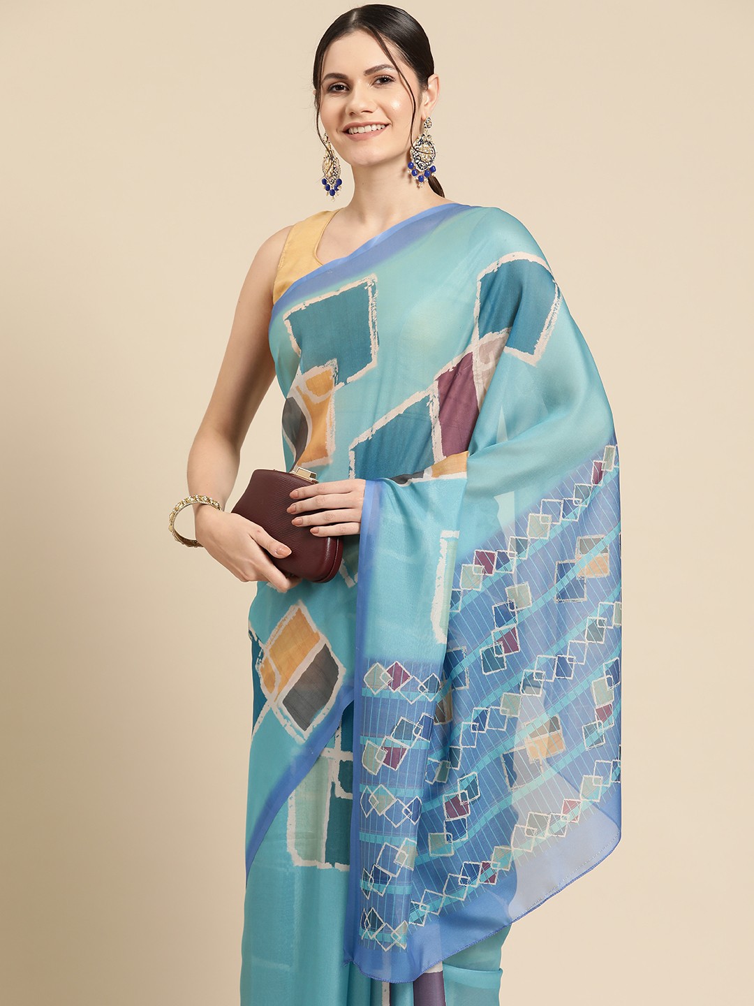 

Silk Land Geometric Print Saree, Blue