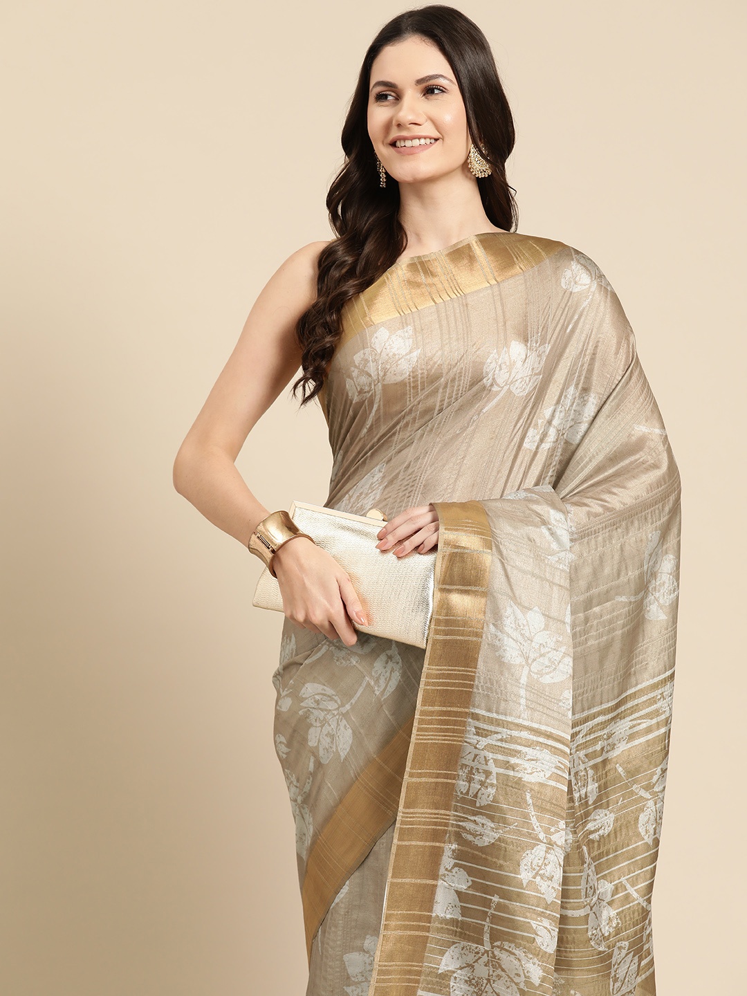 

Silk Land Floral Zari Saree, Beige