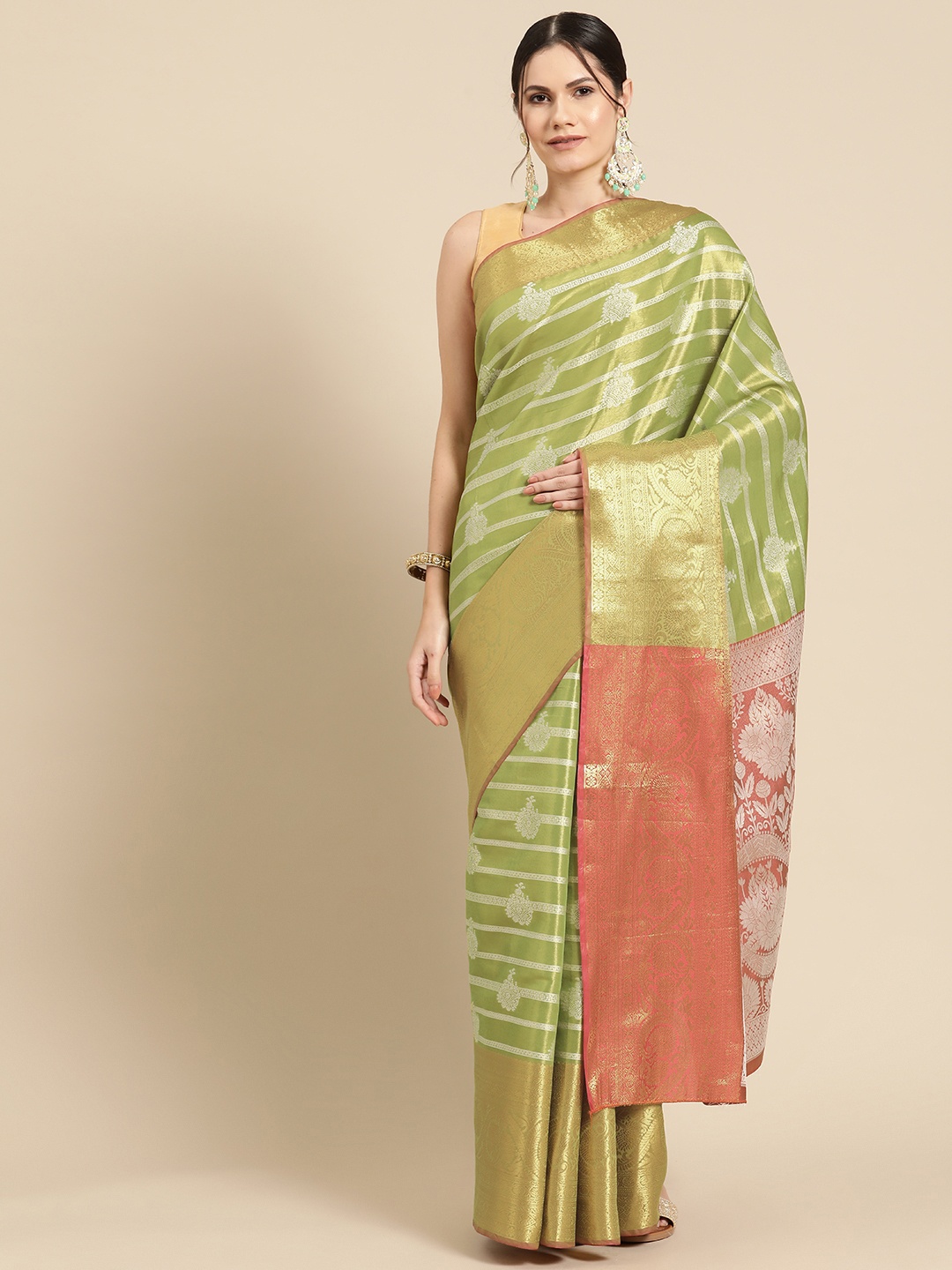 

Silk Land Ethnic Motifs Zari Brocade Banarasi Saree, Green