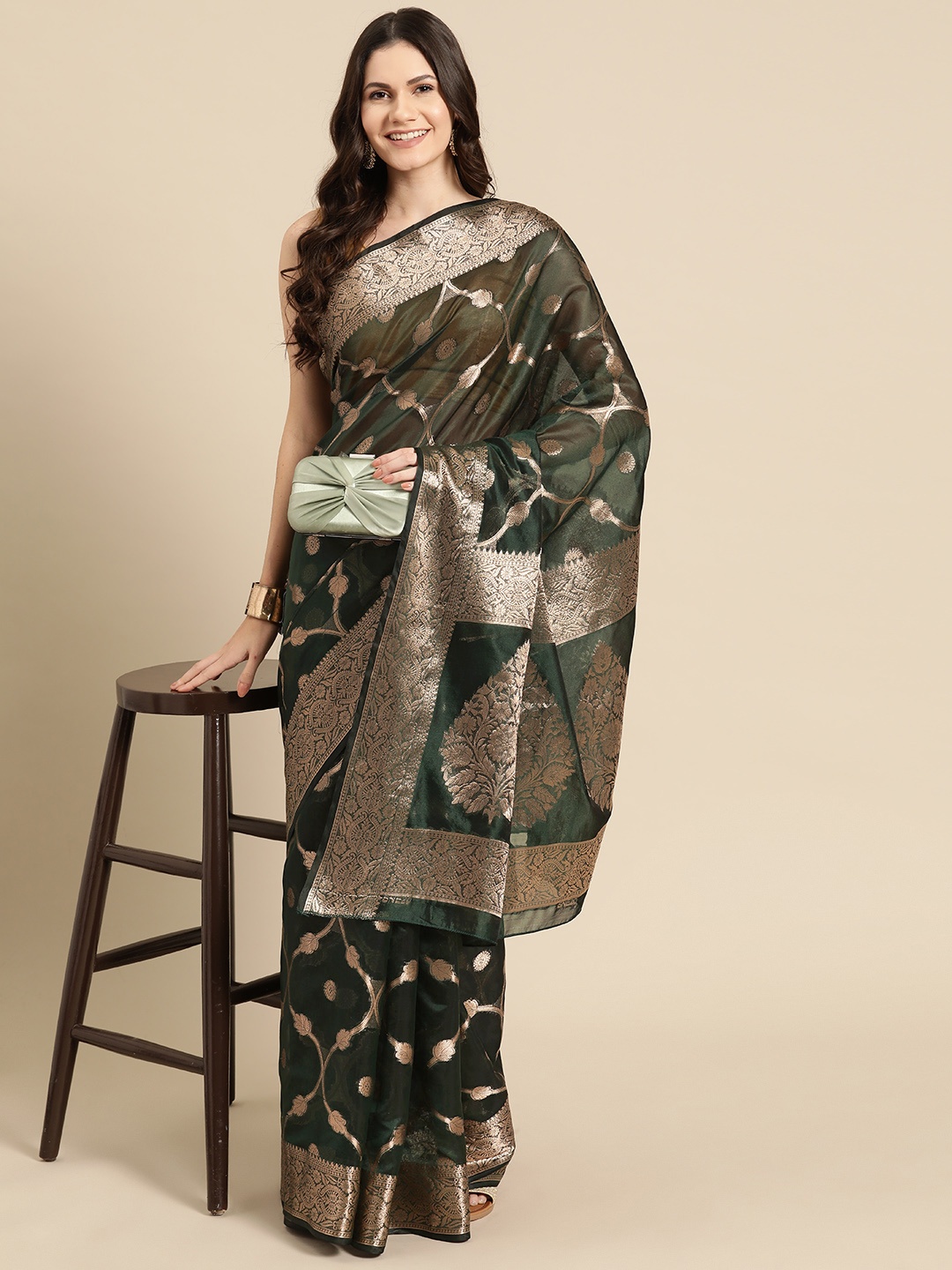 

Silk Land Woven Design Zari Banarasi Saree, Green