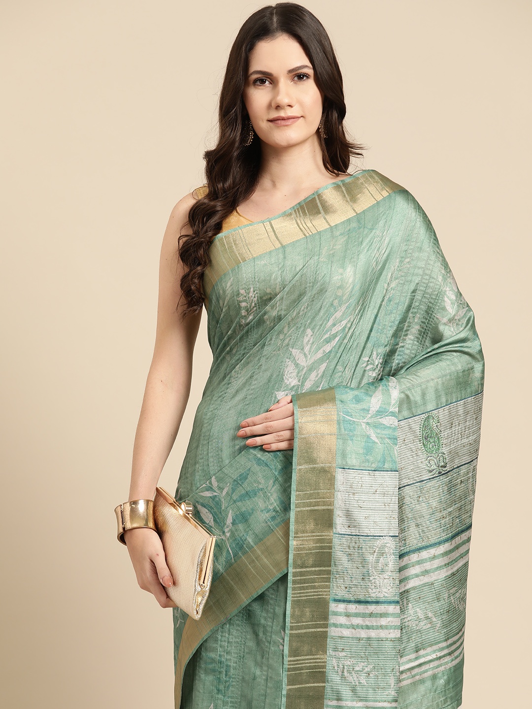 

Silk Land Floral Printed Zari Block Print Saree, Green