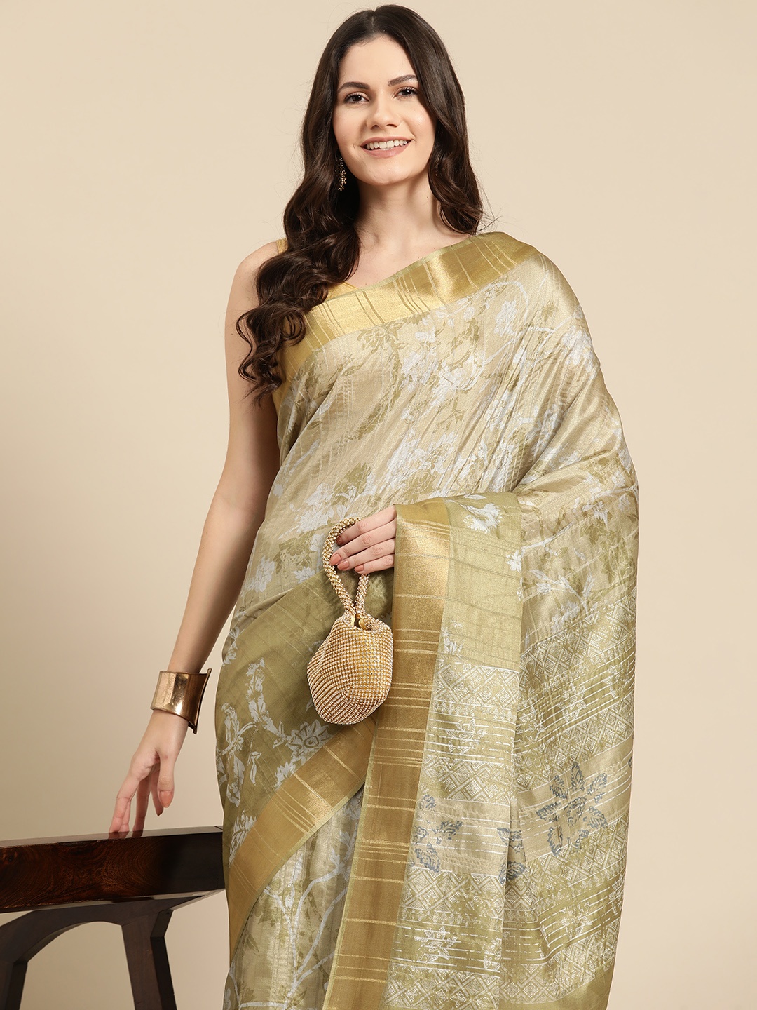 

Silk Land Floral Printed Zari Block Print Saree, Blue