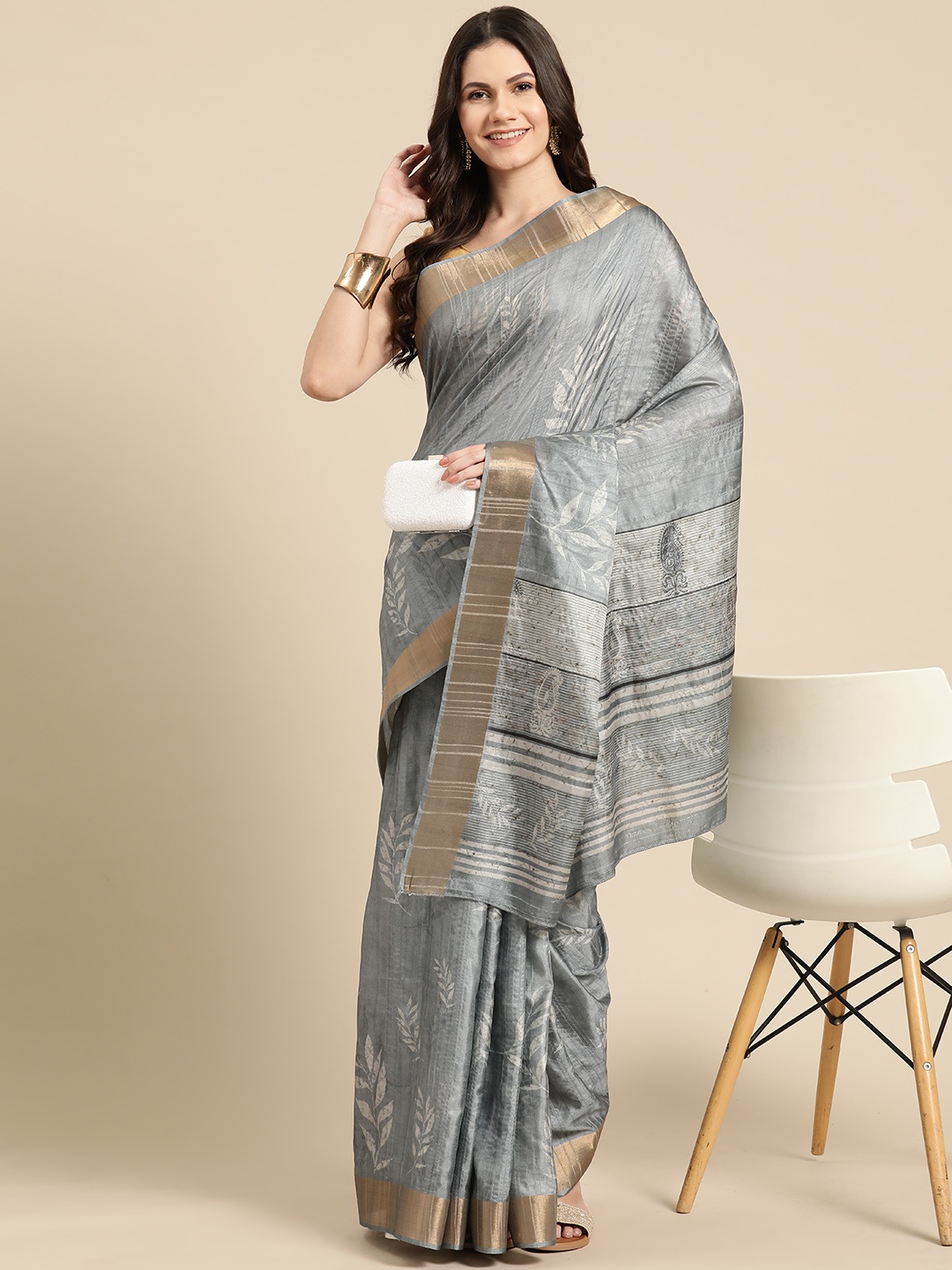 

Silk Land Floral Printed Zari Block Print Saree, Grey