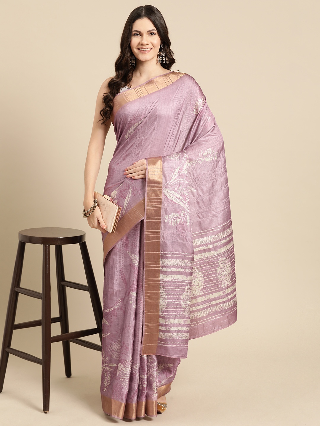 

Silk Land Floral Printed Zari Block Print Saree, Purple