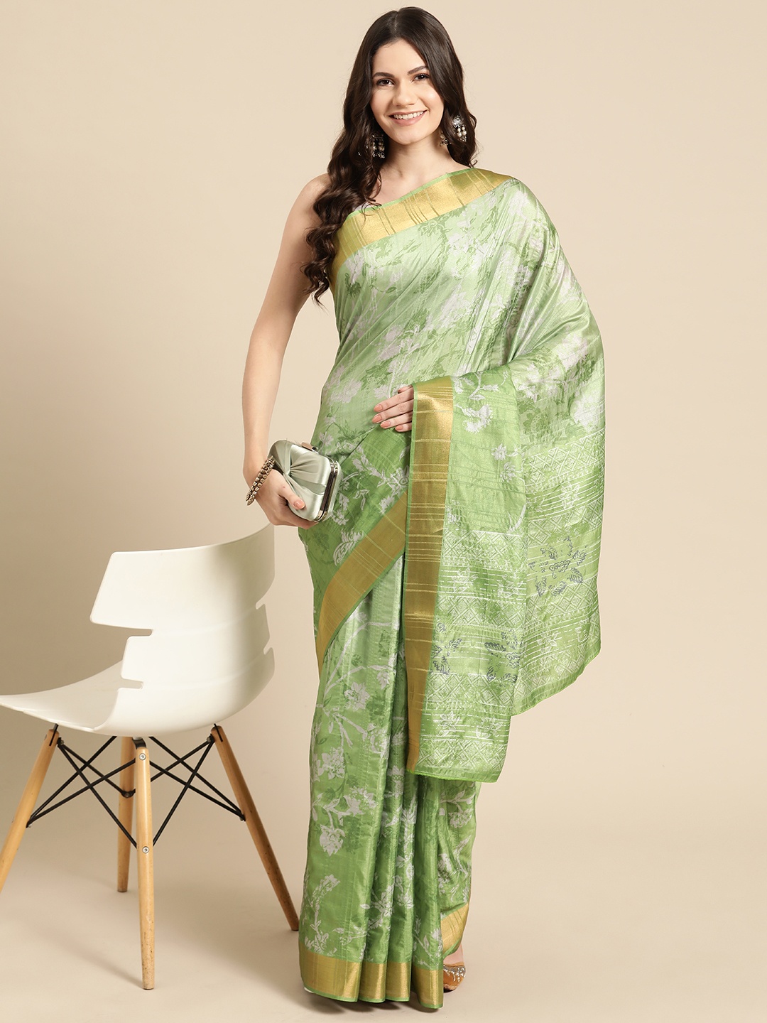 

Silk Land Floral Printed Zari Block Print Saree, Green