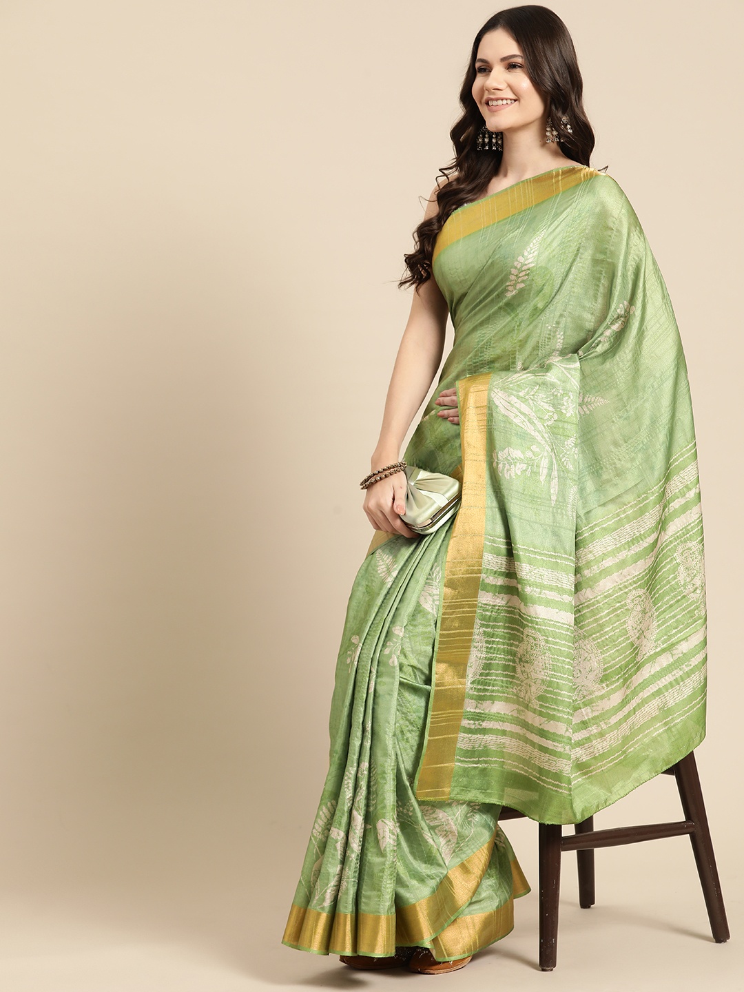 

Silk Land Floral Printed Zari Block Print Saree, Green
