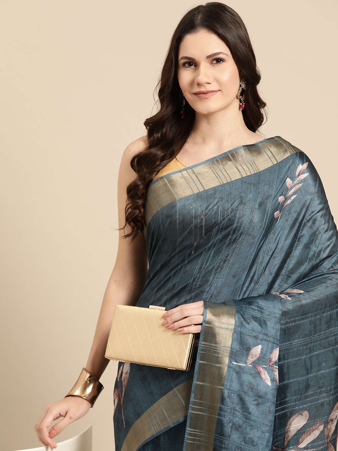 

Silk Land Floral Printed Zari Block Print Saree, Teal