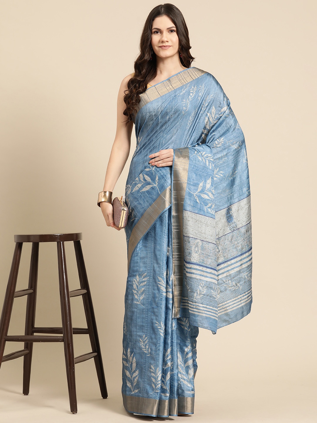 

Silk Land Floral Printed Zari Block Print Saree, Blue