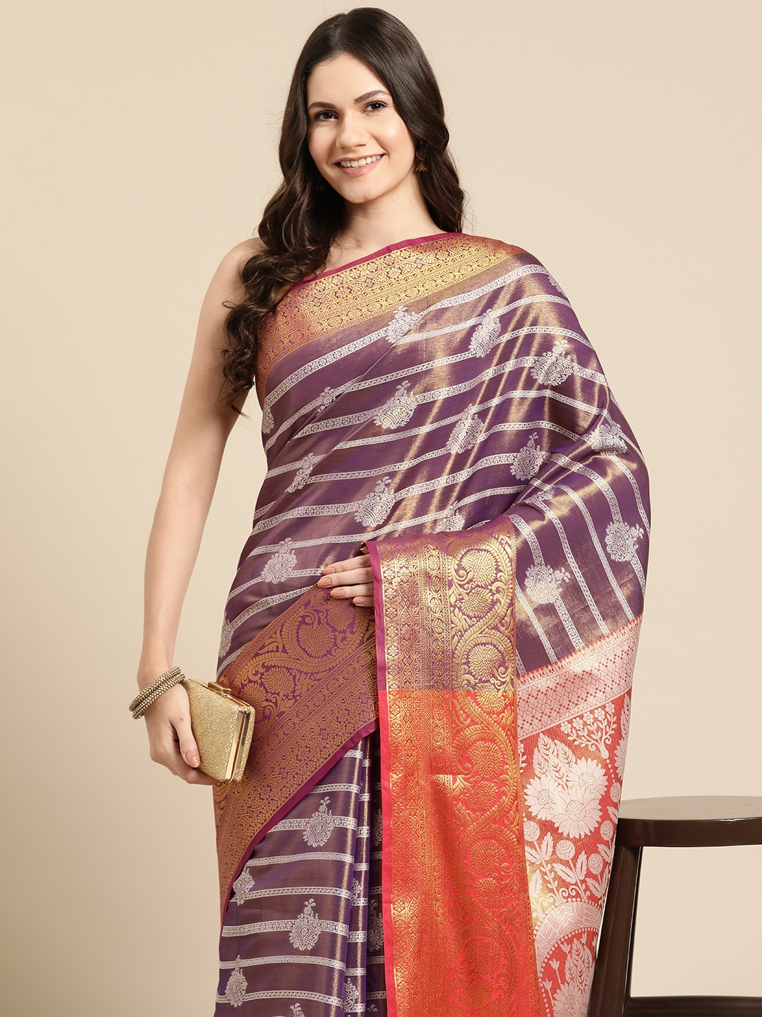 

Silk Land Woven Design Zari Brocade Banarasi Saree, Purple