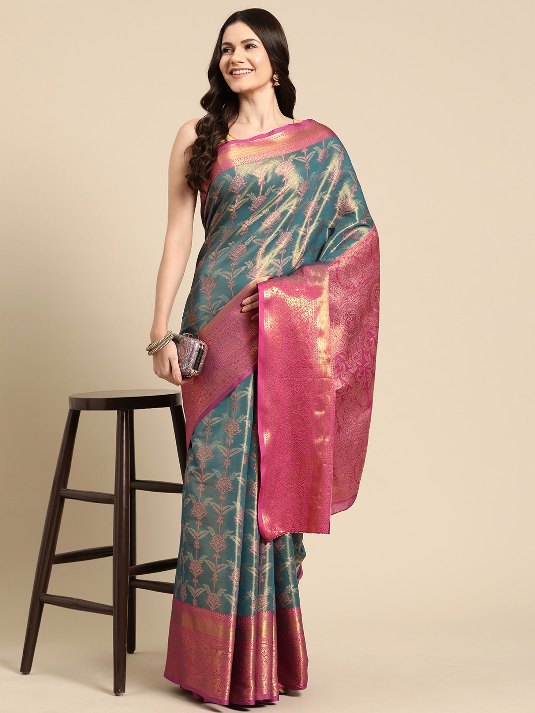 

Silk Land Woven Design Zari Brocade Banarasi Saree, Teal