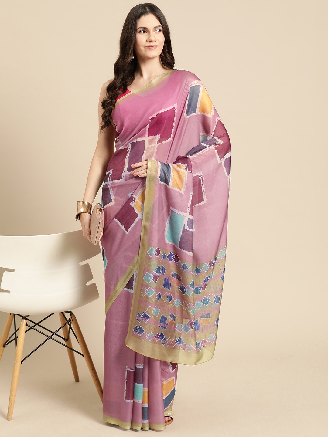 

Silk Land Abstract Digital Print Saree, Pink