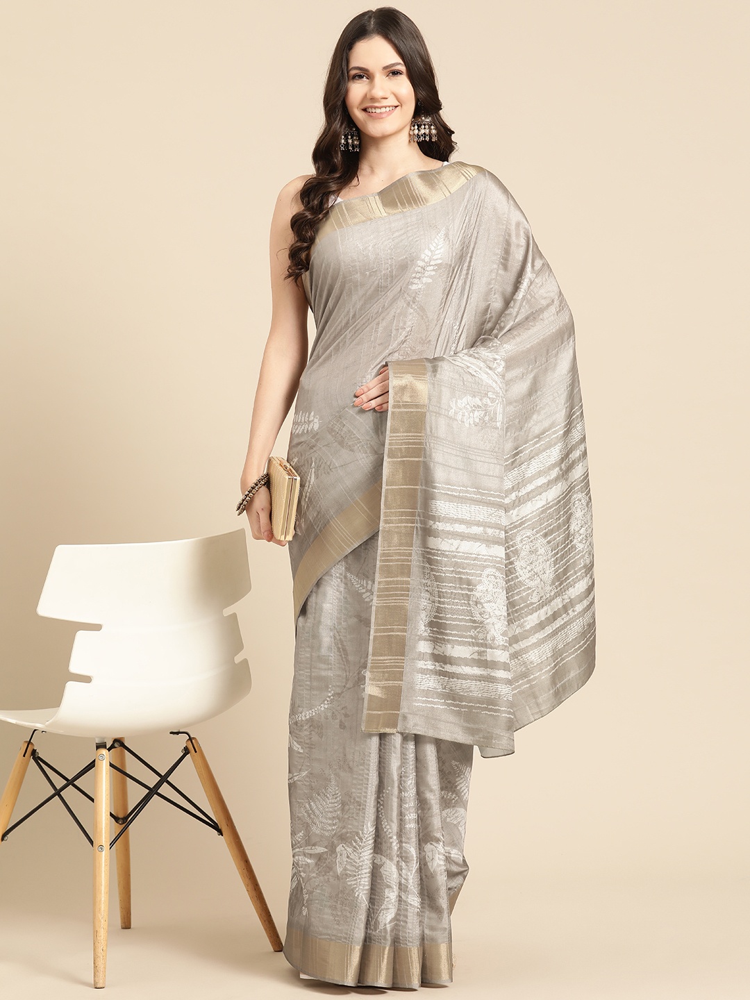 

Silk Land Floral Printed Zari Block Print Saree, Beige