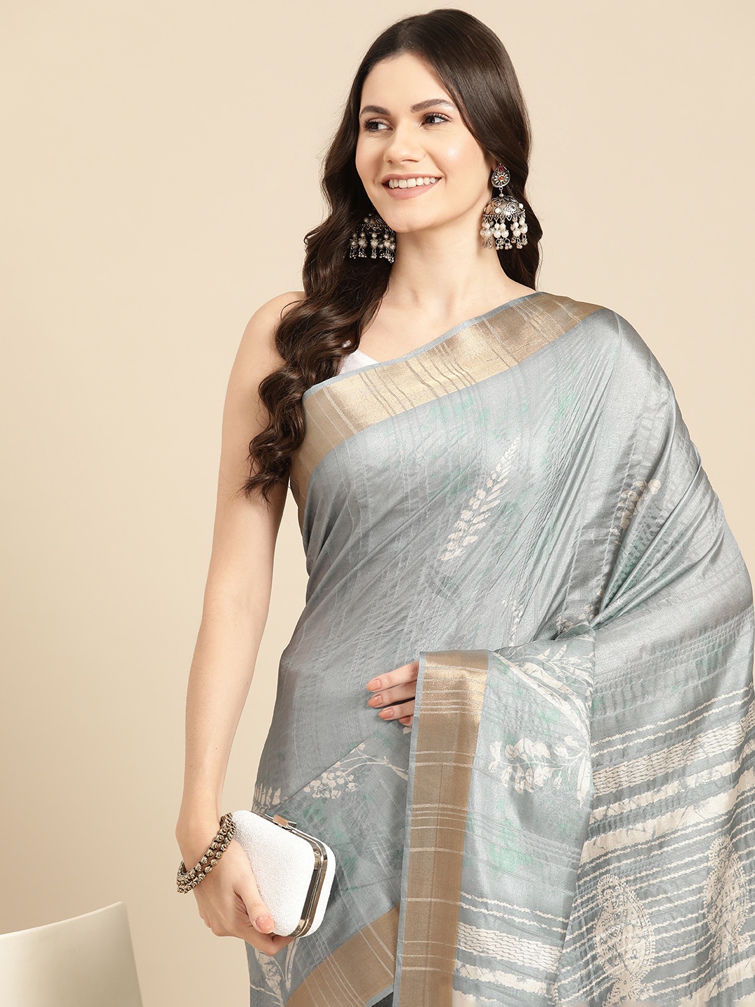 

Silk Land Floral Printed Zari Block Print Saree, Grey
