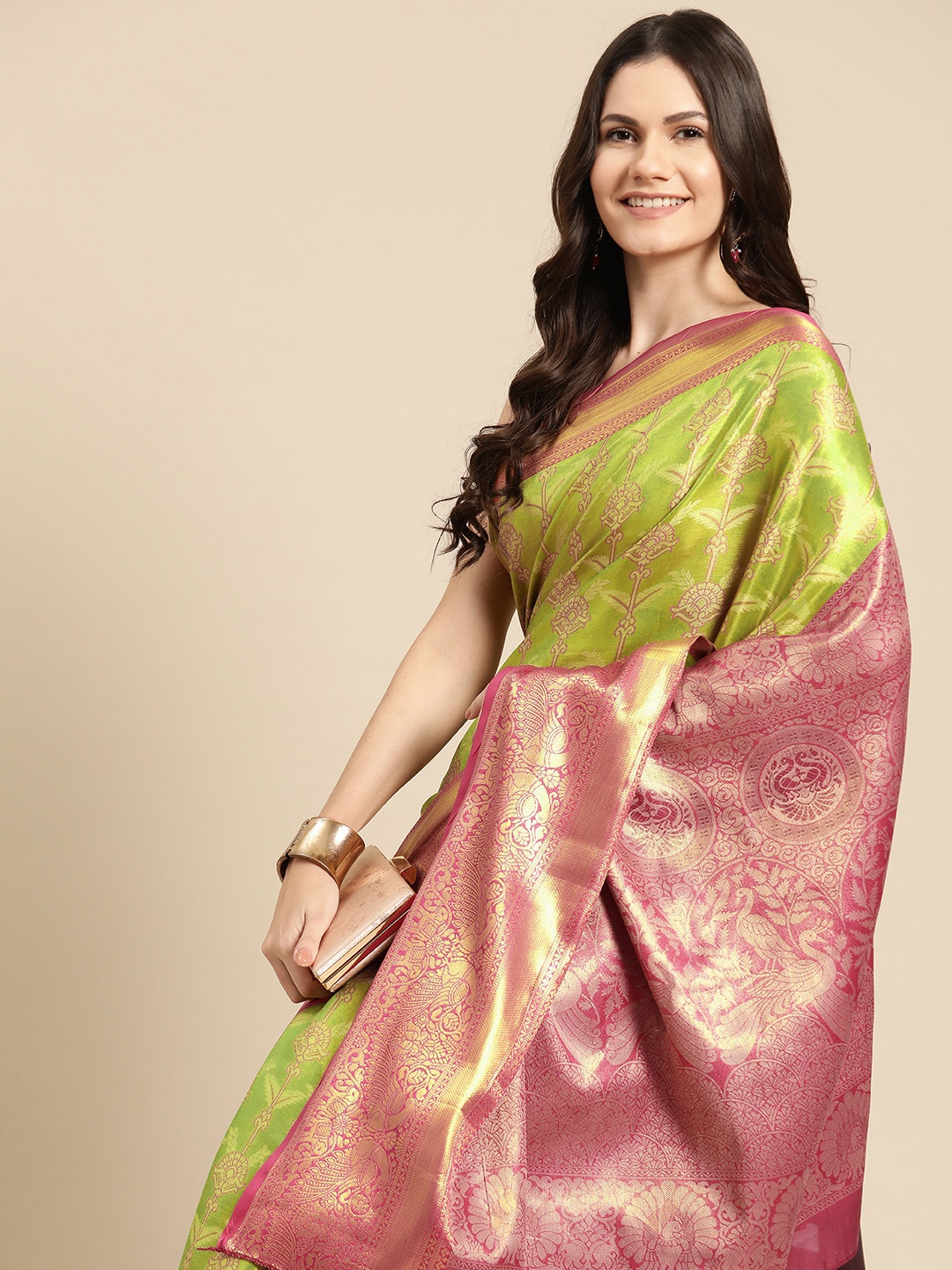 

Silk Land Ethnic Motifs Zari Brocade Banarasi Saree, Green