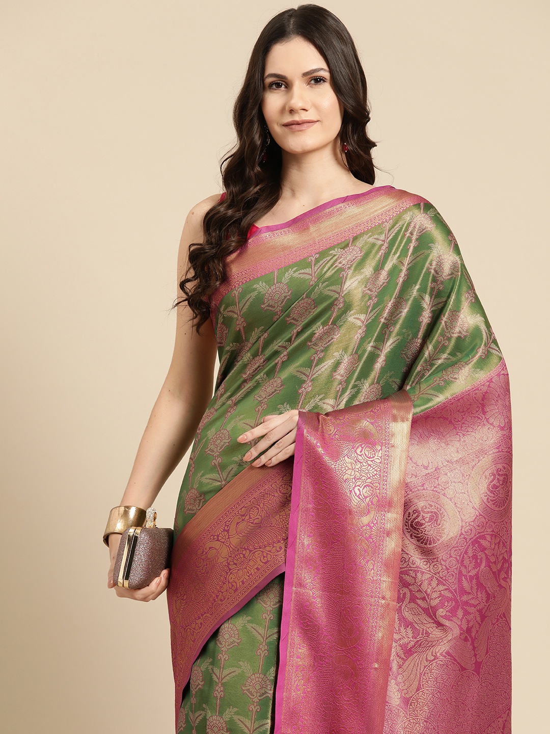 

Silk Land Ethnic Motifs Zari Brocade Banarasi Saree, Green