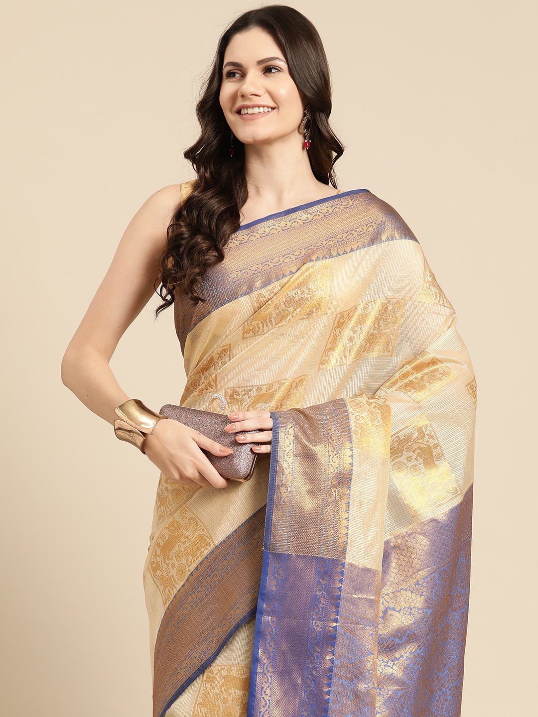 

Silk Land Ethnic Motifs Zari Jute Silk Tussar Saree, Beige