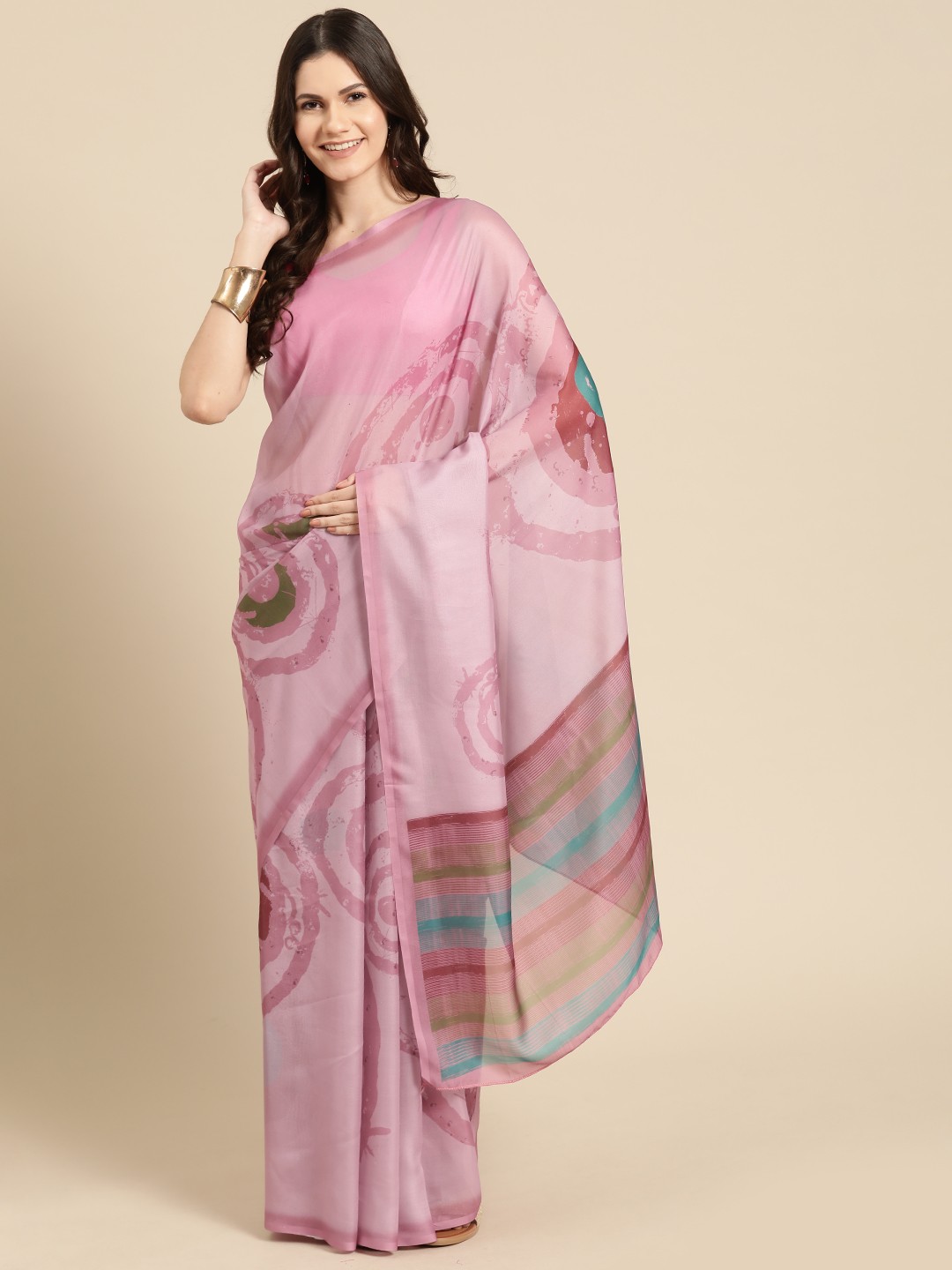 

Silk Land Abstract Printed Saree, Pink