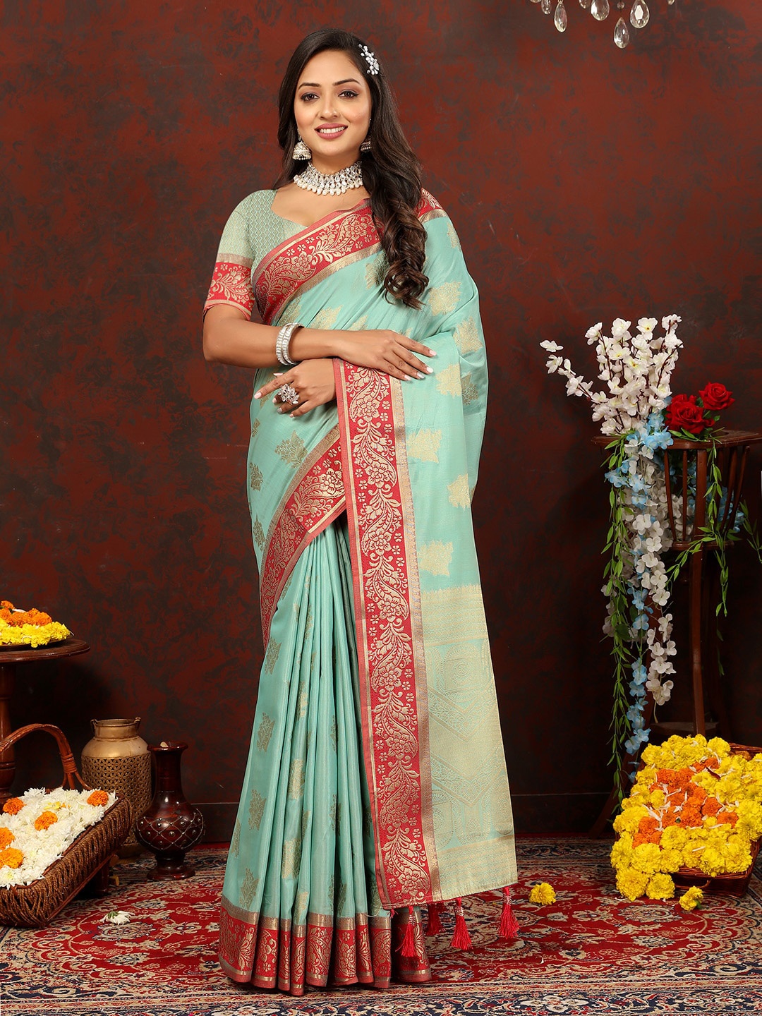 

JATRIQQ Ethnic Motifs Woven Design Zari Banarasi Saree, Turquoise blue