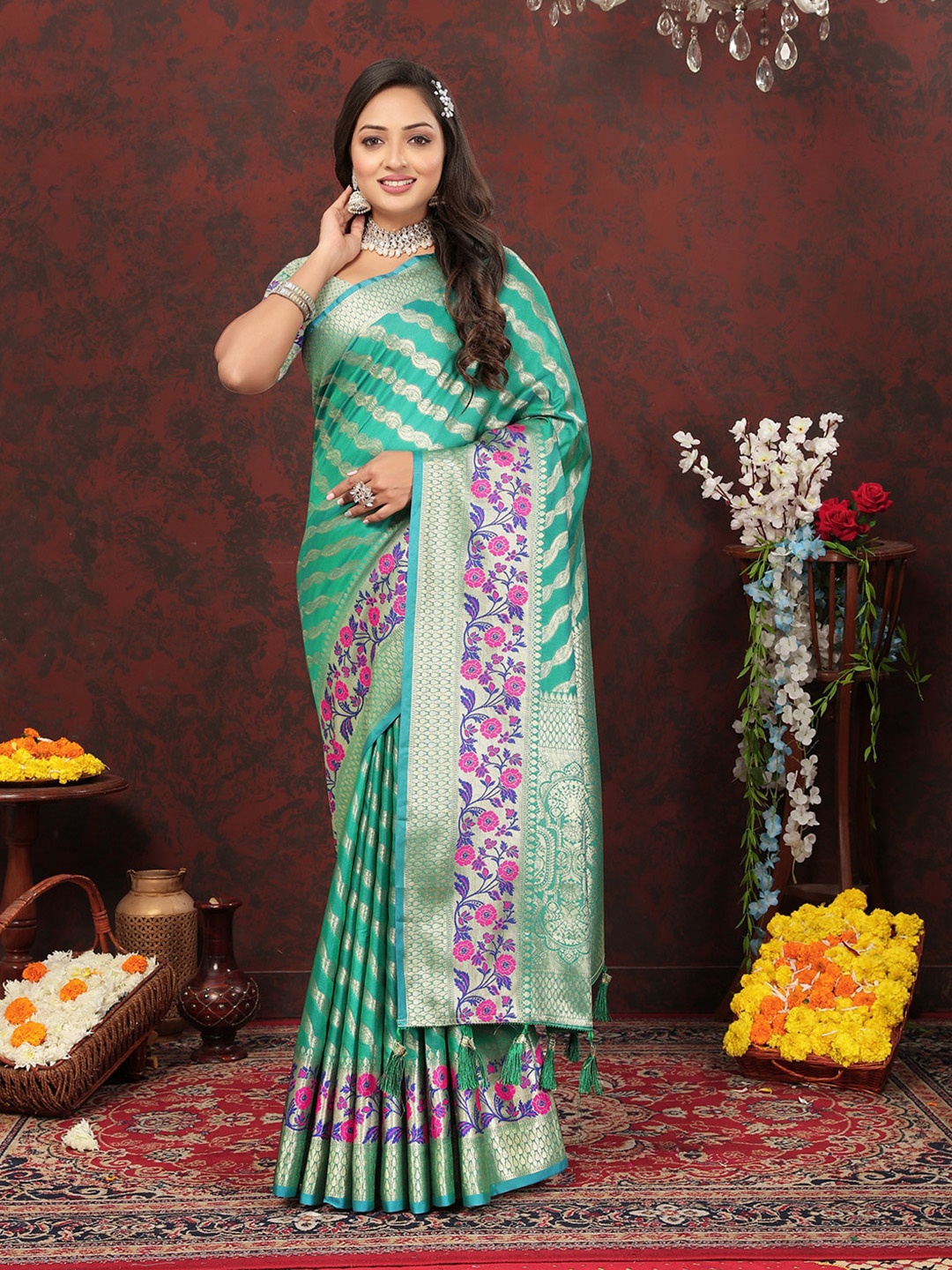 

JATRIQQ Leheriya Woven Design Zari Banarasi Saree, Teal