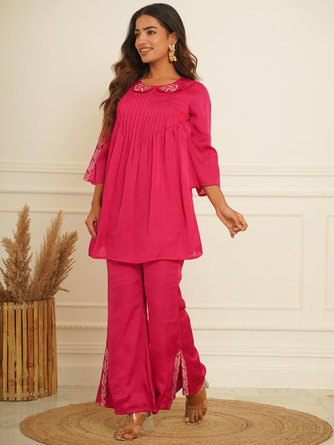

CRAFTED FOR YOU Embroidered Top With Palazzos Ethnic Co-Ords, Pink