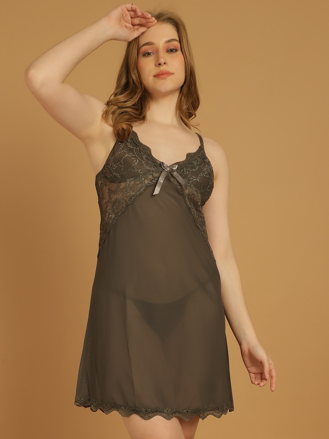 

Stylee LIFESTYLE Self Design Lace Detail Net Baby Doll, Black